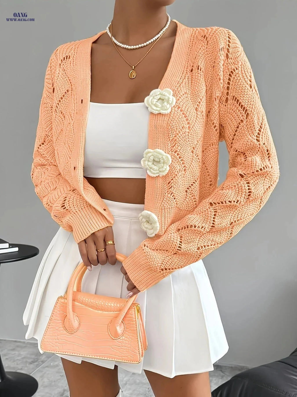 OAXG Women’s Handcrafted Floral Crochet Cardigan - Elegant Spring Style   OAXG Pink / M