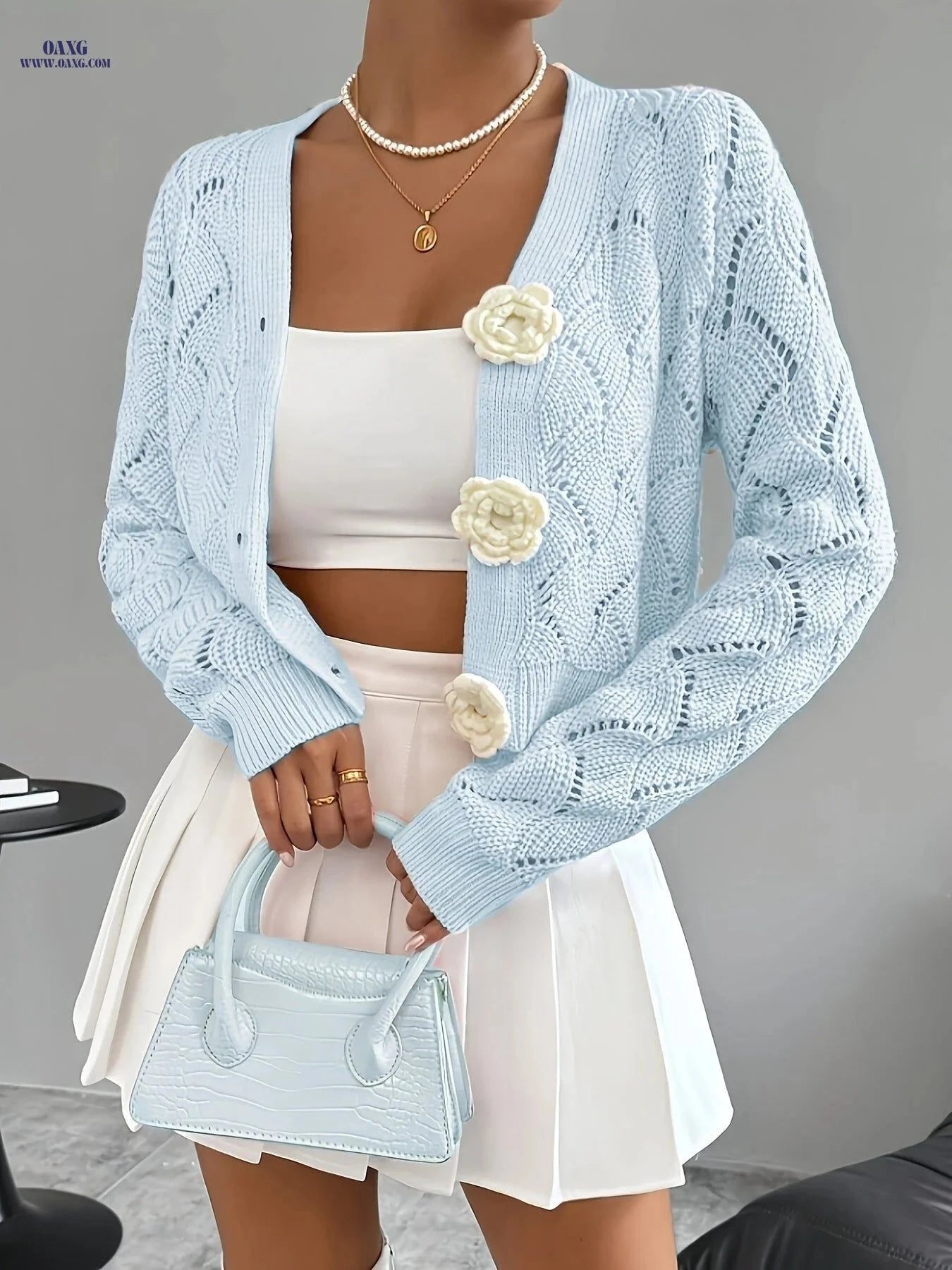OAXG Women’s Handcrafted Floral Crochet Cardigan - Elegant Spring Style   OAXG Pink / M