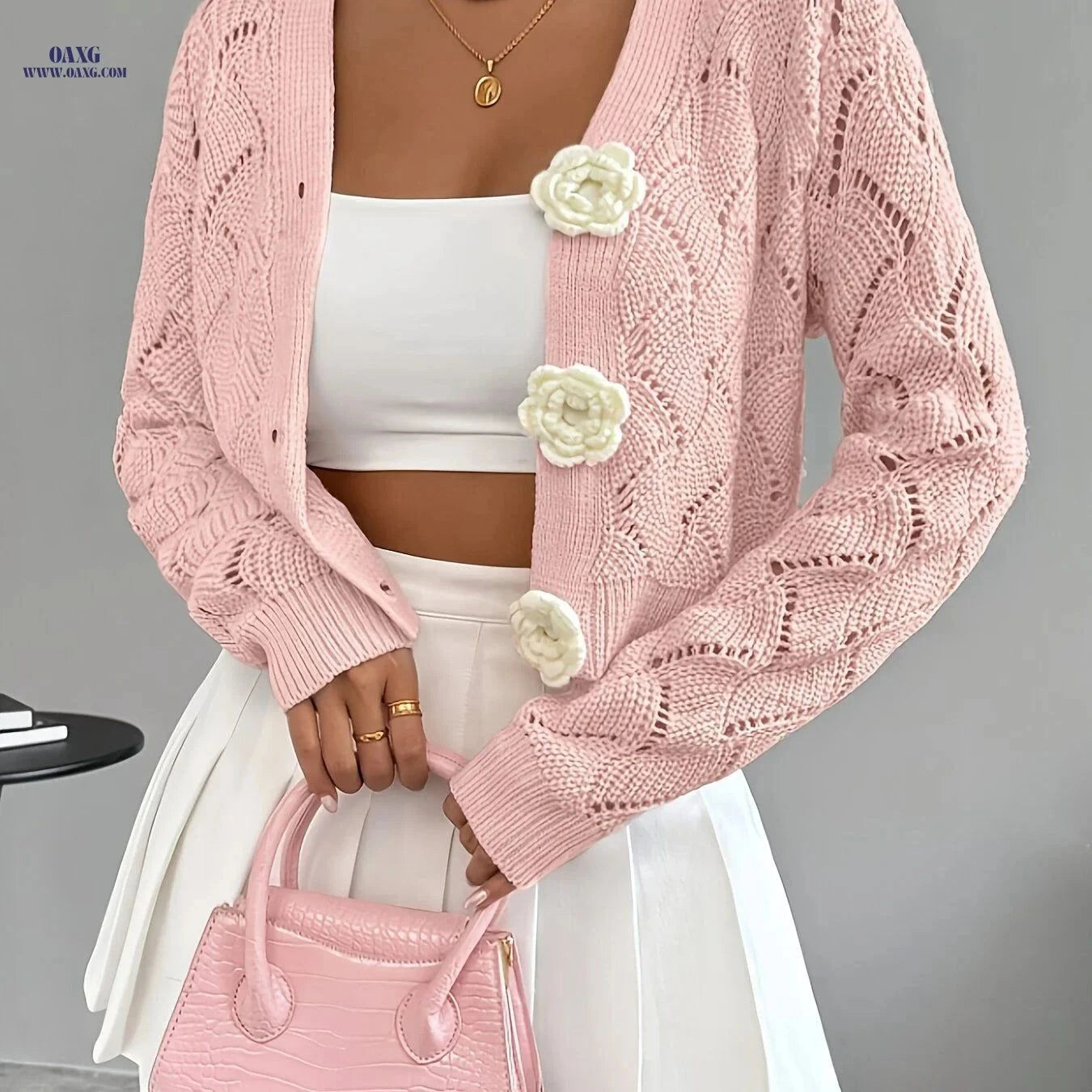 OAXG Women’s Handcrafted Floral Crochet Cardigan - Elegant Spring Style   OAXG Pink / M