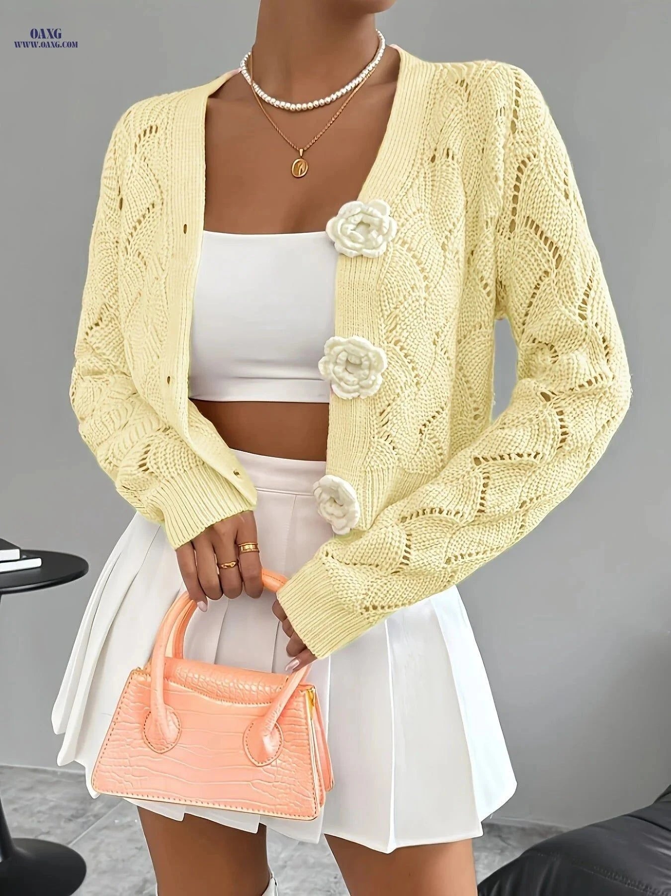 OAXG Women’s Handcrafted Floral Crochet Cardigan - Elegant Spring Style   OAXG Pink / M
