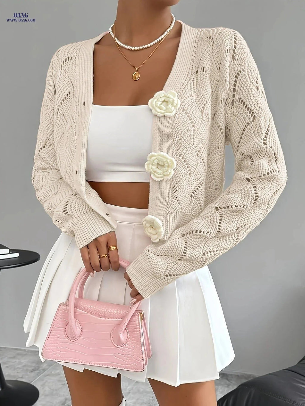 OAXG Women’s Handcrafted Floral Crochet Cardigan - Elegant Spring Style   OAXG Pink / M