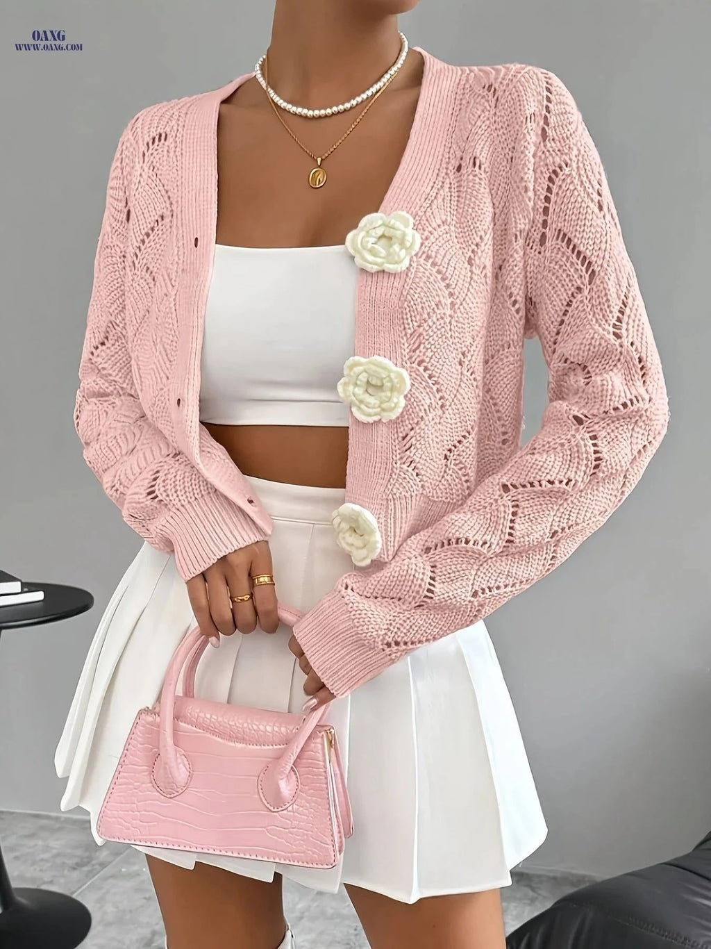OAXG Women’s Handcrafted Floral Crochet Cardigan - Elegant Spring Style   OAXG Pink / M