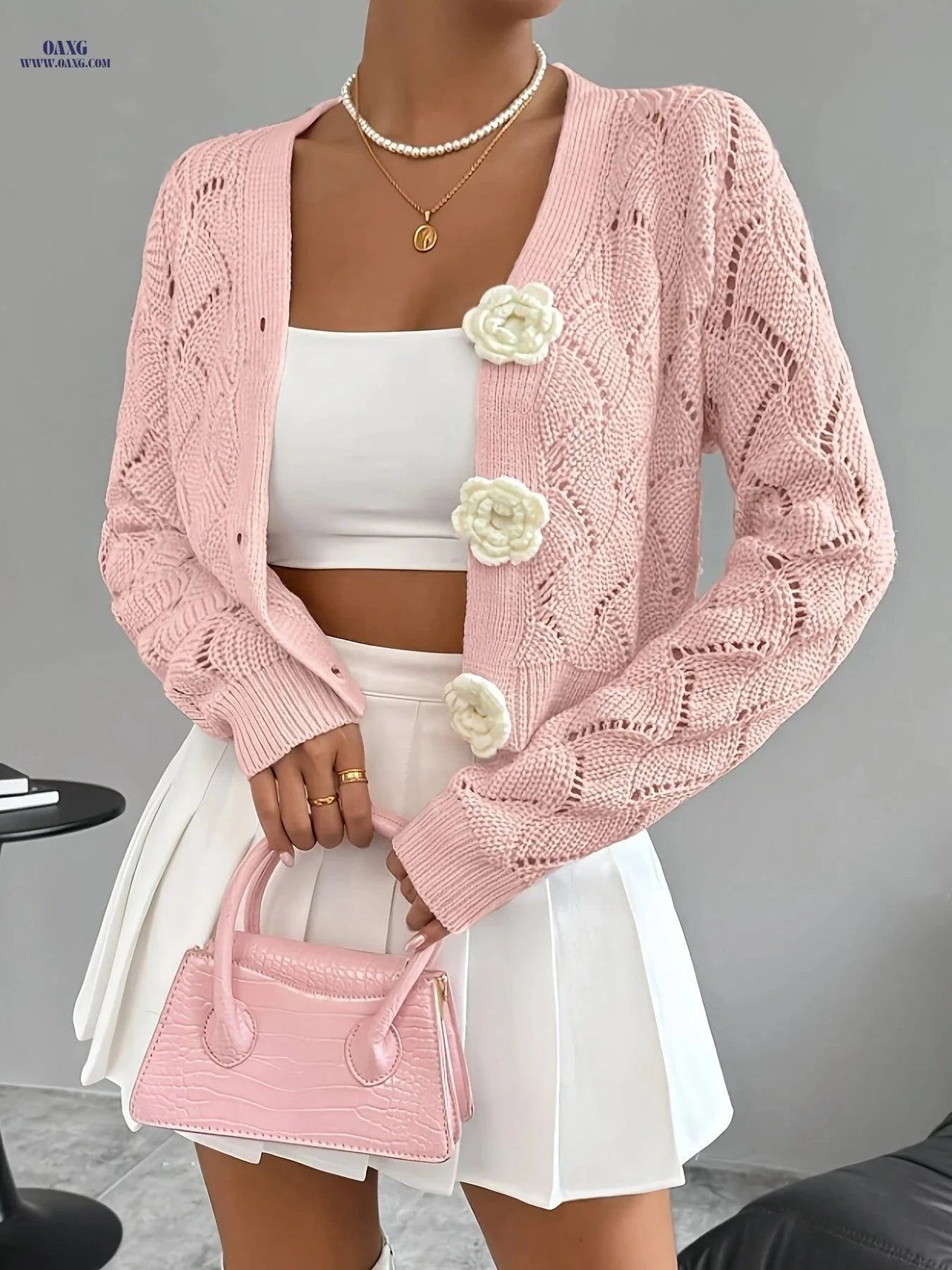 OAXG Women’s Handcrafted Floral Crochet Cardigan - Elegant Spring Style   OAXG Pink / M