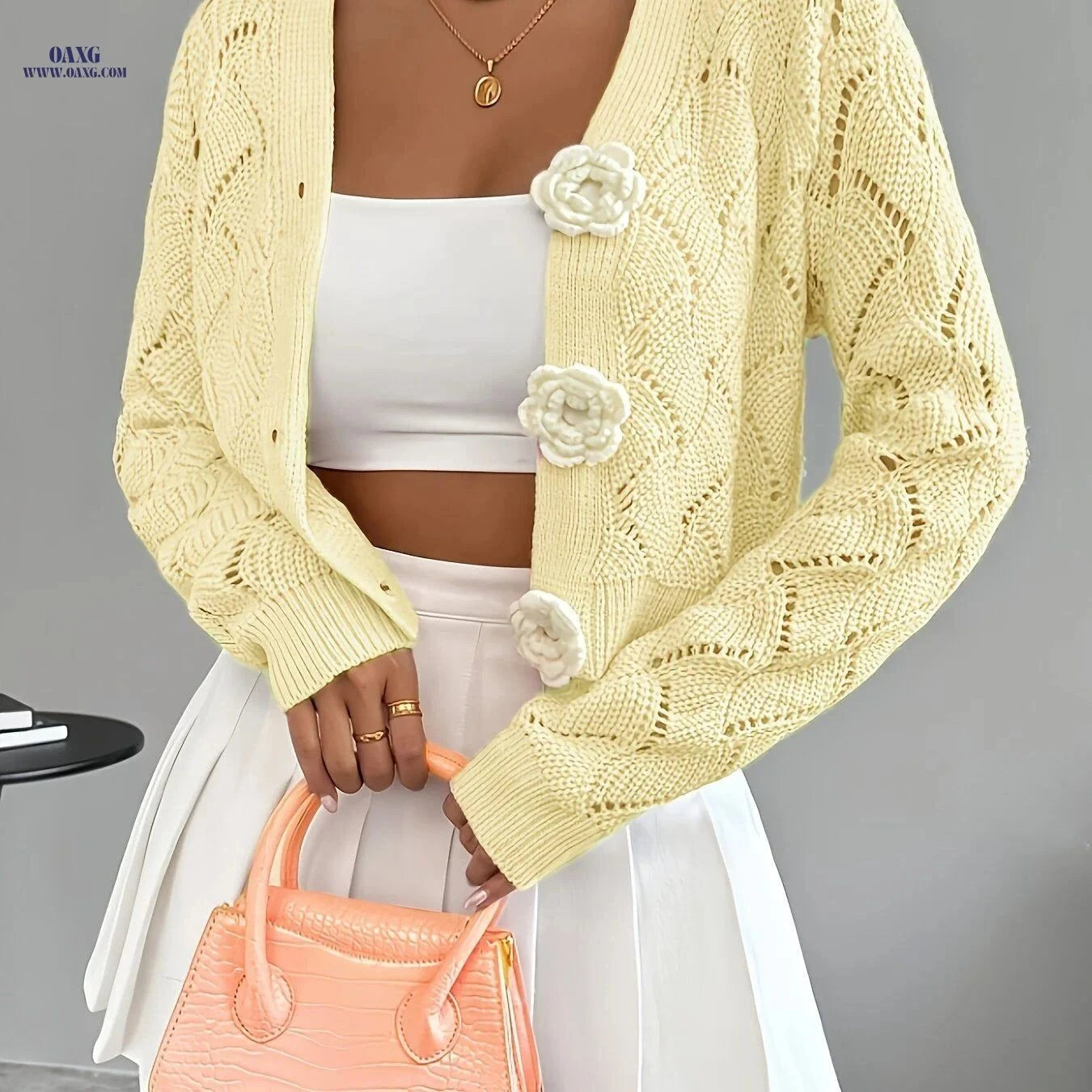 OAXG Women’s Handcrafted Floral Crochet Cardigan - Elegant Spring Style   OAXG Pink / M