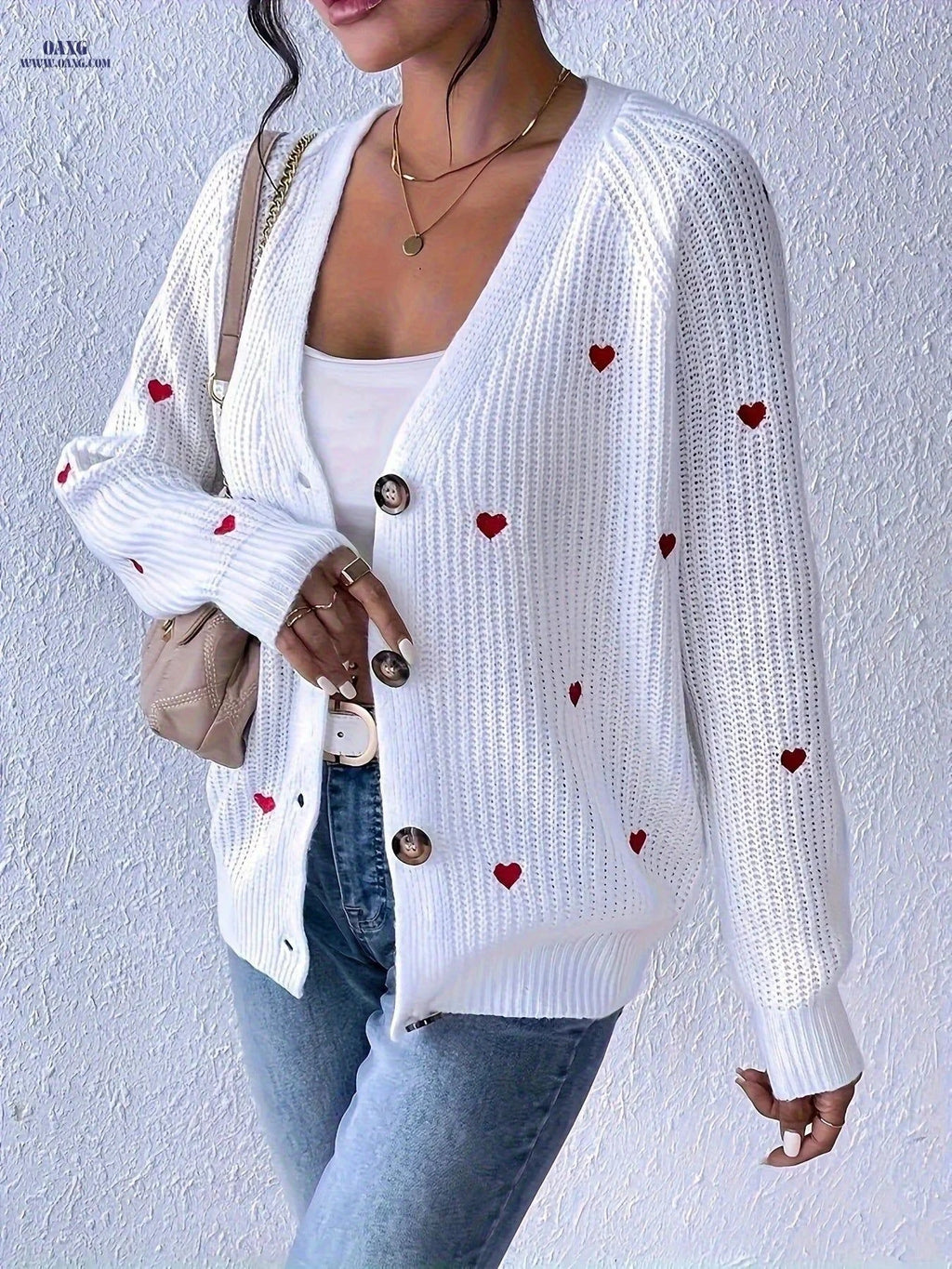 OAXG Women's Heart Embroidered Cardigan - Casual V-Neck Knit Style   OAXG White / S