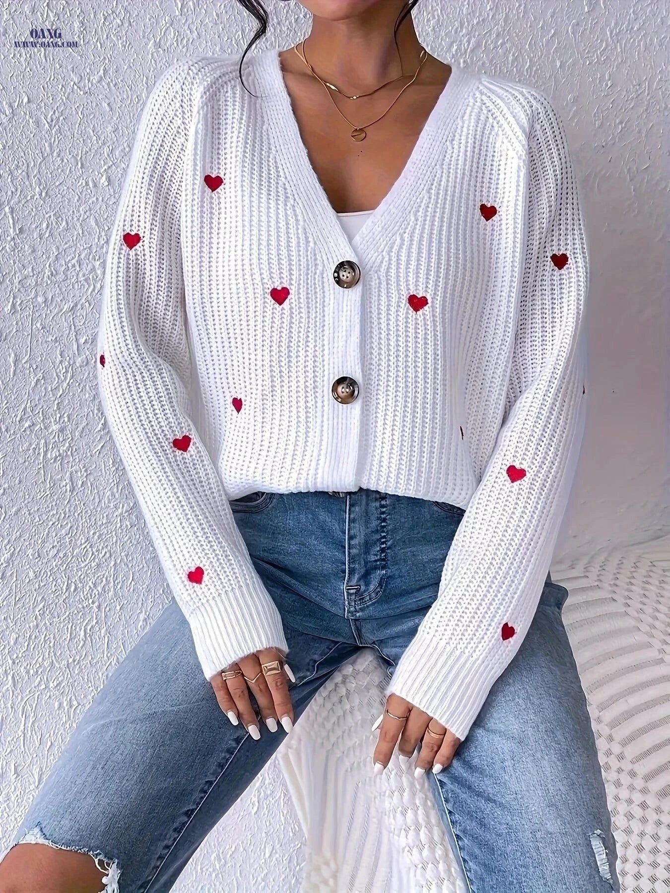 OAXG Women's Heart Embroidered Cardigan - Casual V-Neck Knit Style   OAXG White / S