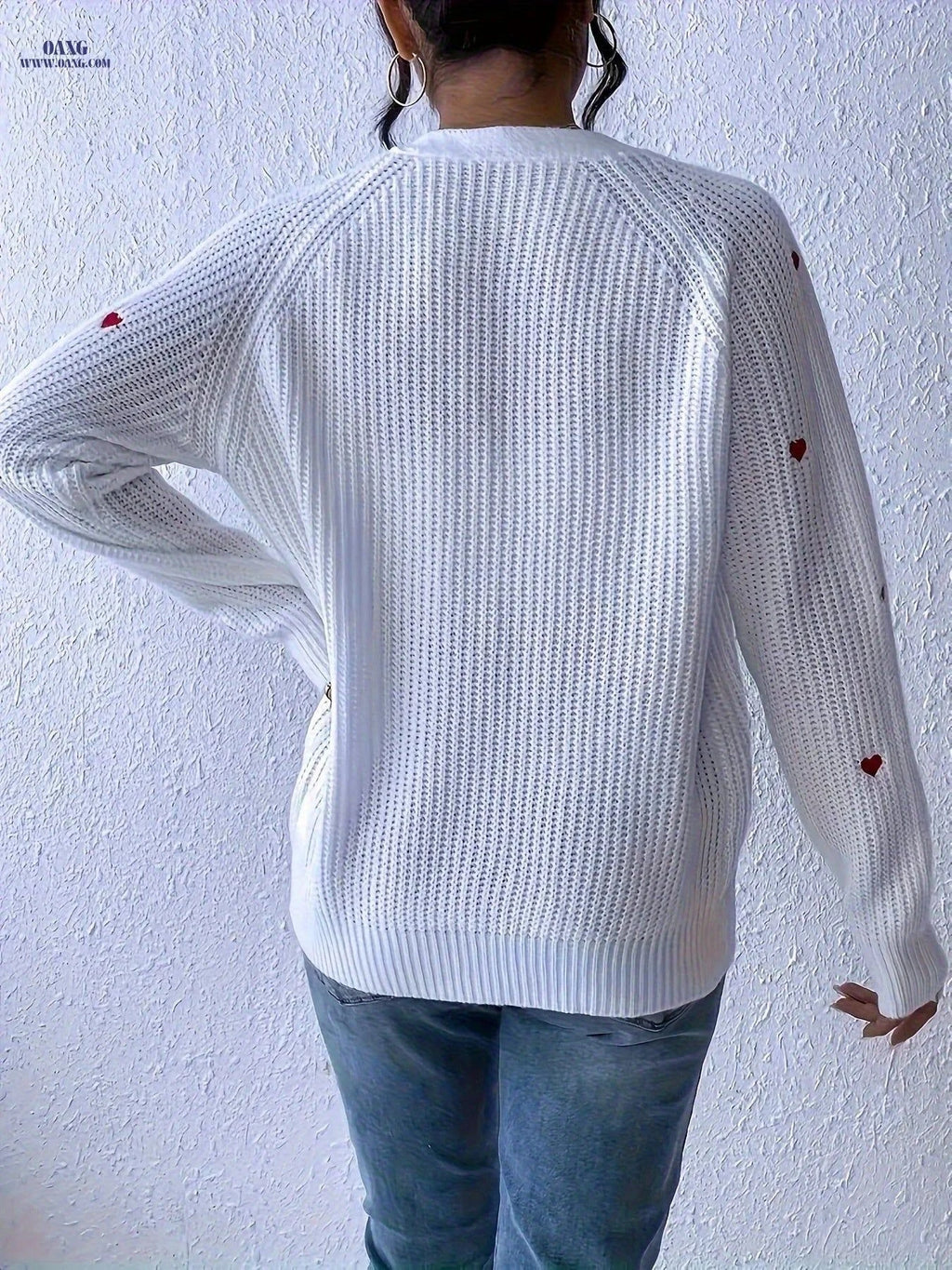 OAXG Women's Heart Embroidered Cardigan - Casual V-Neck Knit Style   OAXG White / S