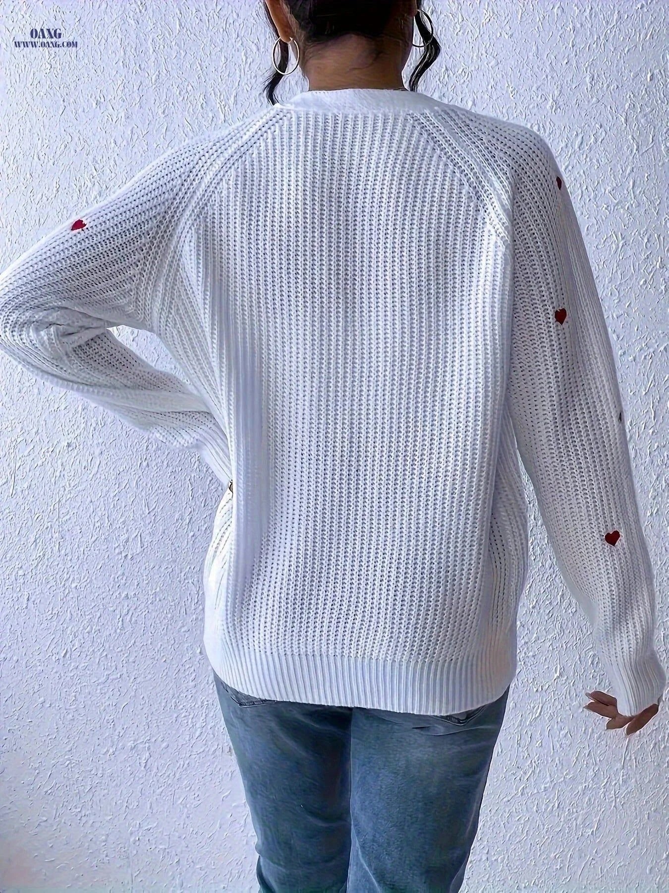 OAXG Women's Heart Embroidered Cardigan - Casual V-Neck Knit Style   OAXG White / S