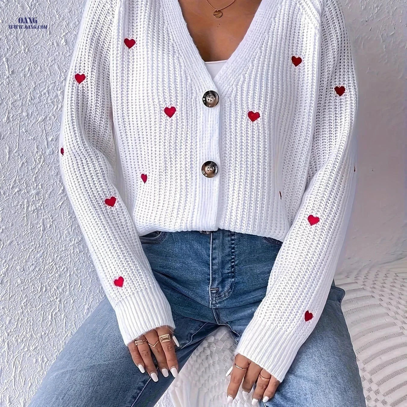 OAXG Women's Heart Embroidered Cardigan - Casual V-Neck Knit Style   OAXG White / S