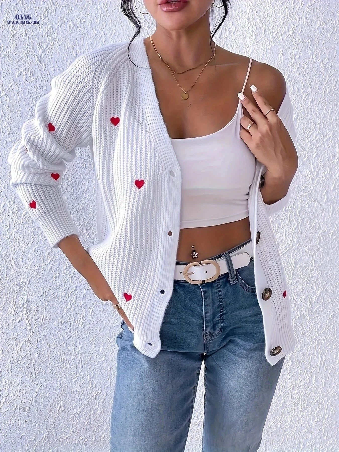 OAXG Women's Heart Embroidered Cardigan - Casual V-Neck Knit Style   OAXG White / S