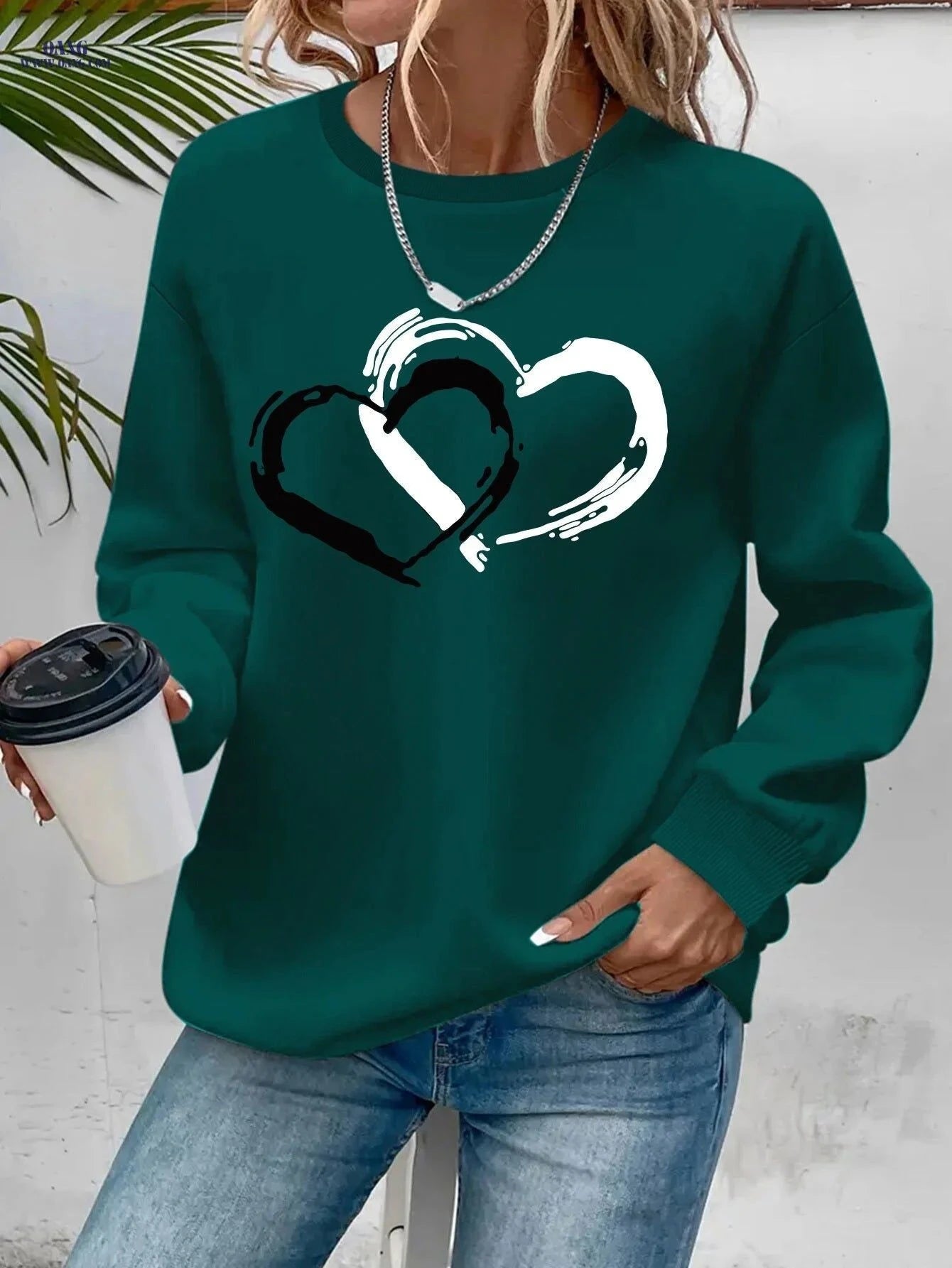 OAXG Women's Heart Graphic Sweatshirt - Casual Crew Neck Style   OAXG Dark Gray / S