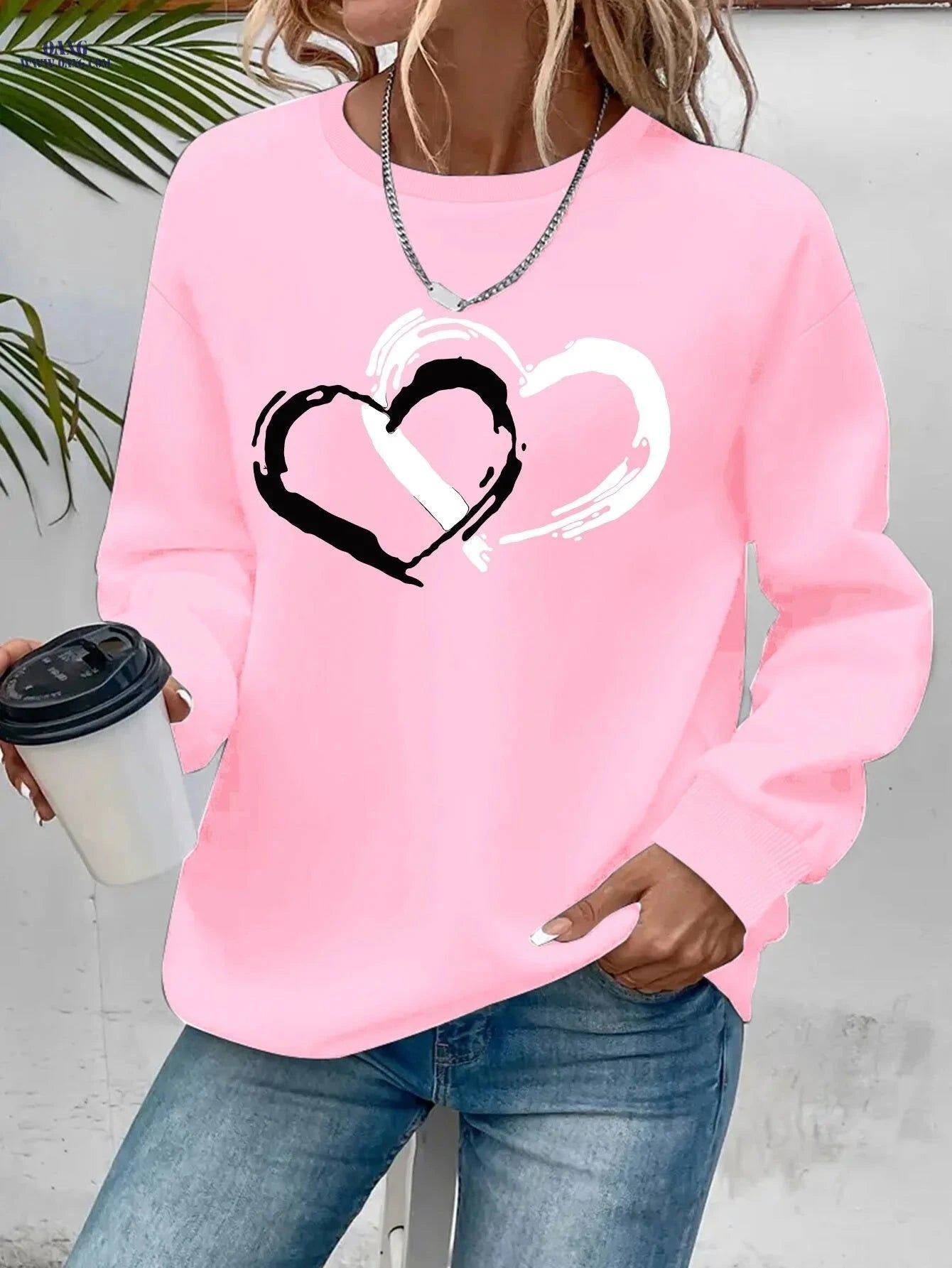 OAXG Women's Heart Graphic Sweatshirt - Casual Crew Neck Style   OAXG Dark Gray / S