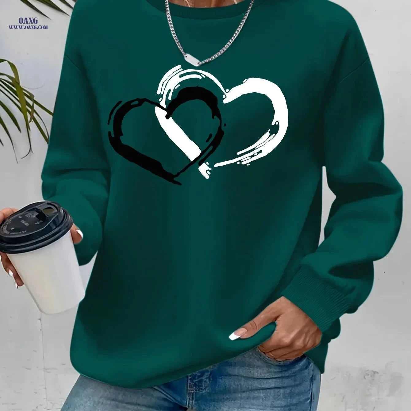 OAXG Women's Heart Graphic Sweatshirt - Casual Crew Neck Style   OAXG Dark Gray / S