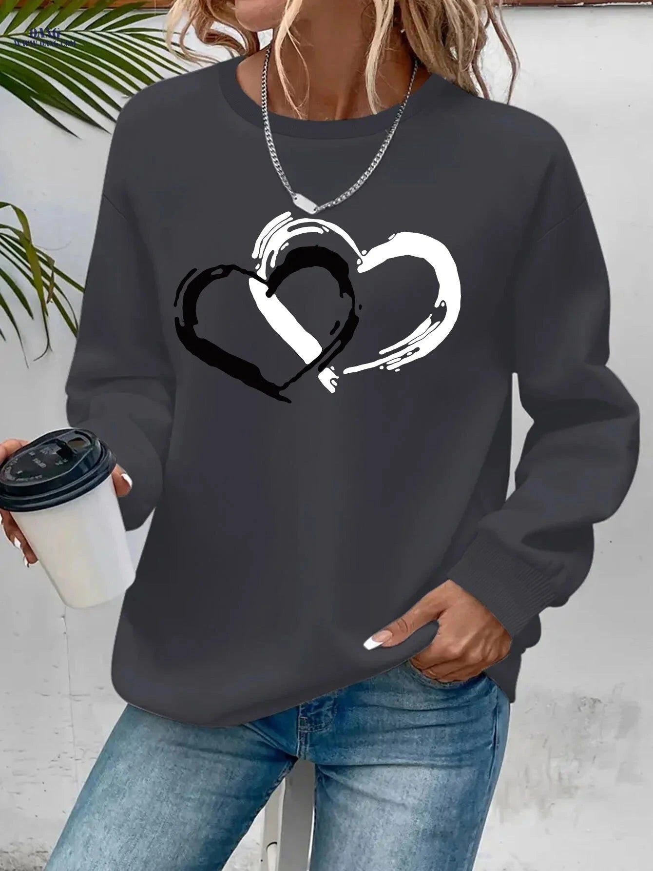 OAXG Women's Heart Graphic Sweatshirt - Casual Crew Neck Style   OAXG Dark Gray / S