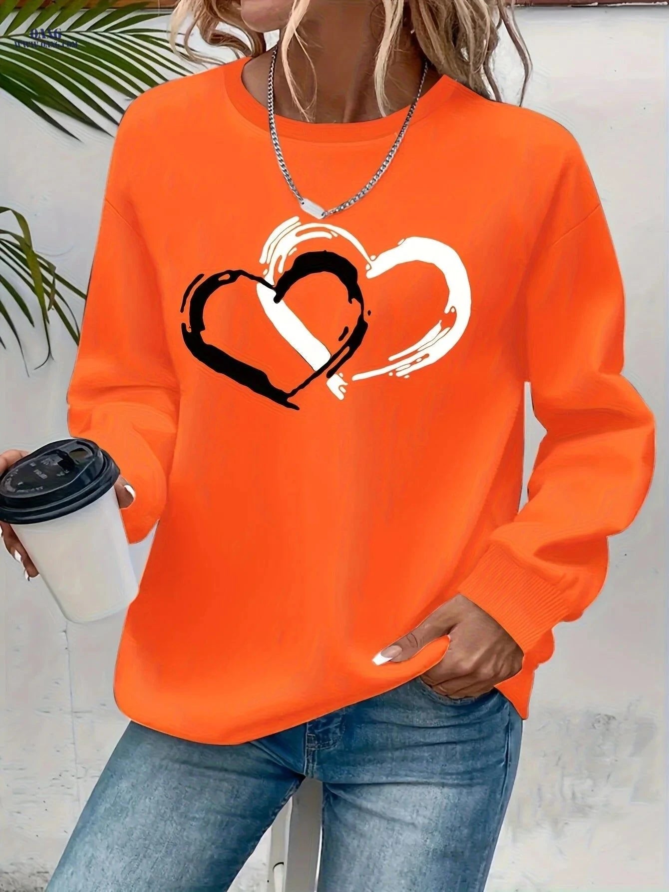 OAXG Women's Heart Graphic Sweatshirt - Casual Crew Neck Style   OAXG Dark Gray / S