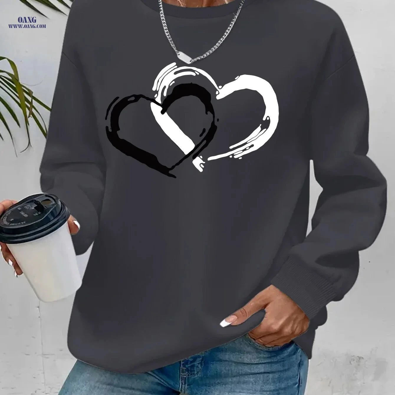 OAXG Women's Heart Graphic Sweatshirt - Casual Crew Neck Style   OAXG Dark Gray / S