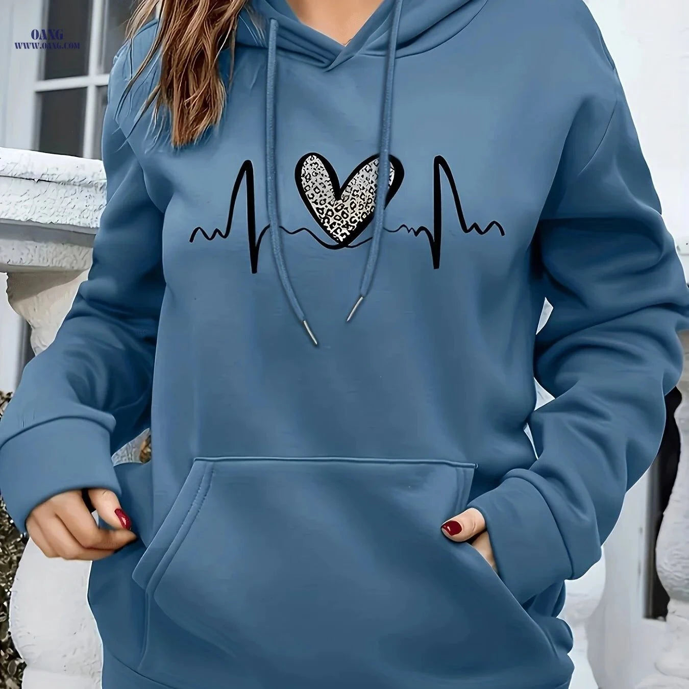 OAXG Women's Heart Pattern Hooded Sweatshirt - Regular Fit for Fall/Winter   OAXG Sea Blue / S