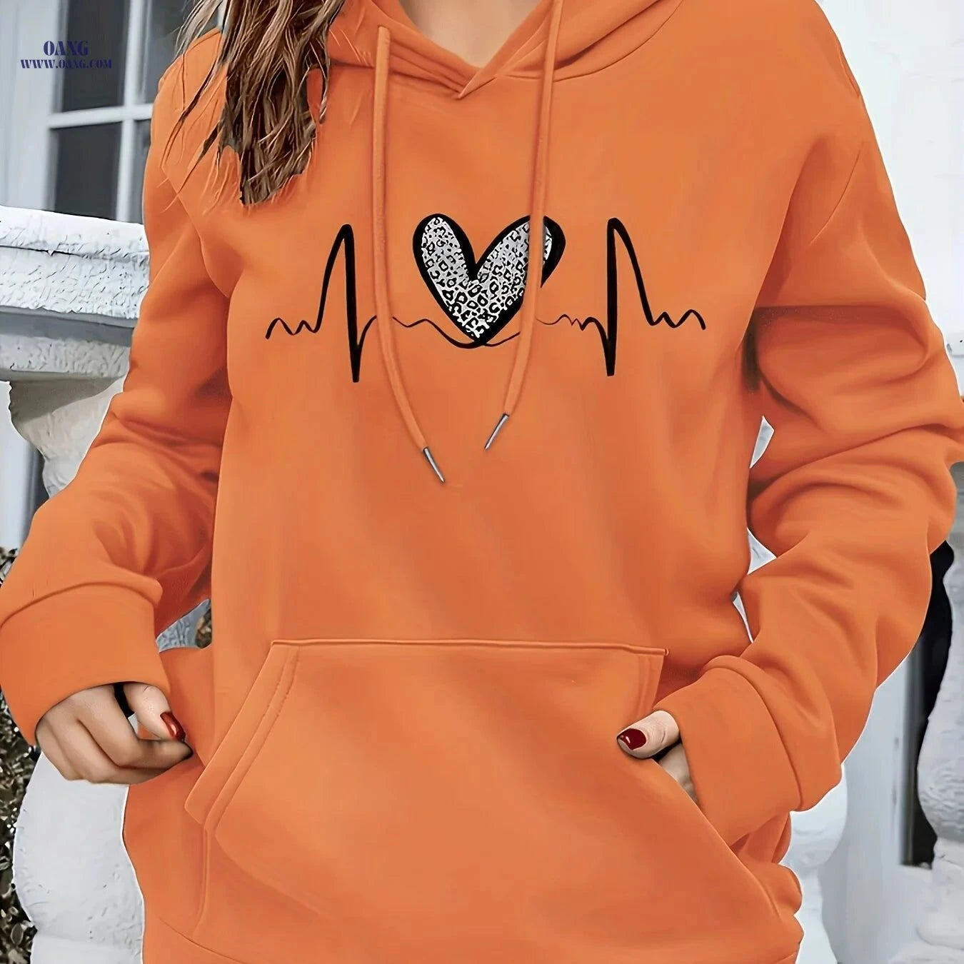 OAXG Women's Heart Pattern Hooded Sweatshirt - Regular Fit for Fall/Winter   OAXG Sea Blue / S