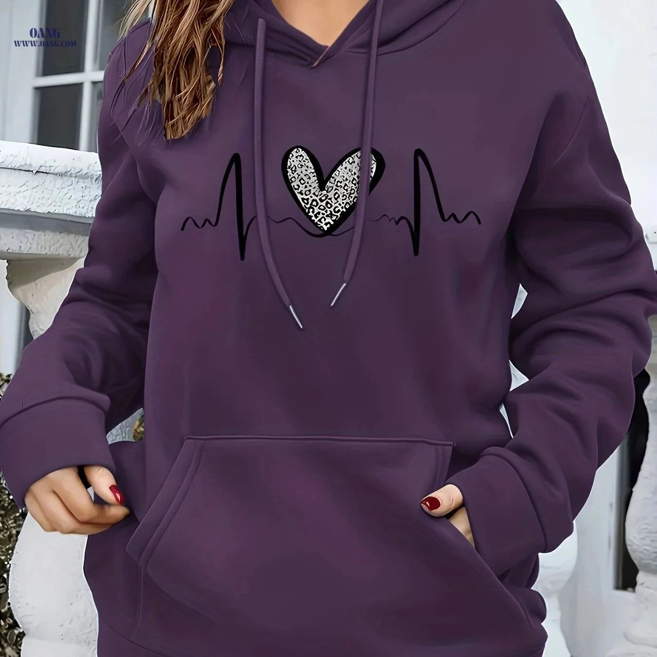 OAXG Women's Heart Pattern Hooded Sweatshirt - Regular Fit for Fall/Winter   OAXG Sea Blue / S
