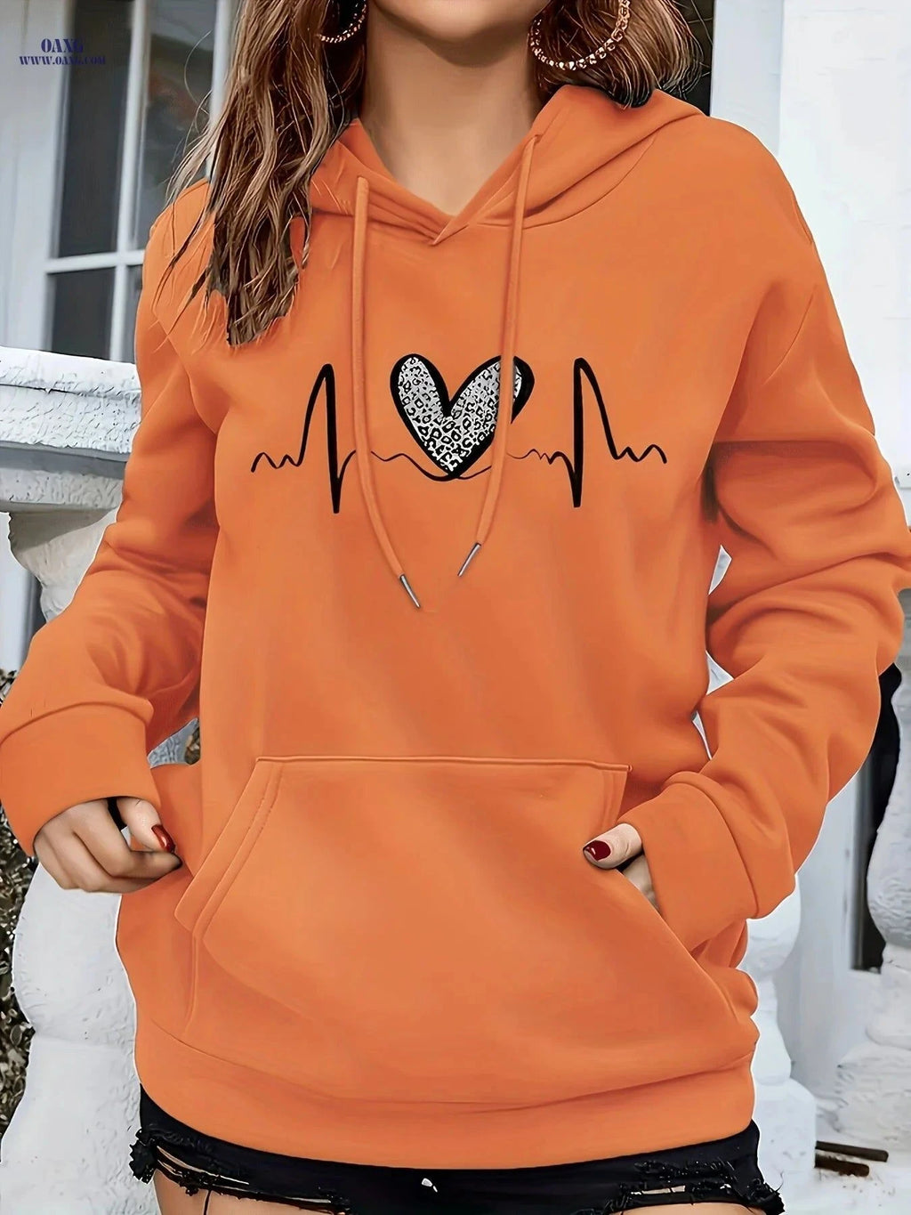 OAXG Women's Heart Pattern Hooded Sweatshirt - Regular Fit for Fall/Winter   OAXG Sea Blue / S
