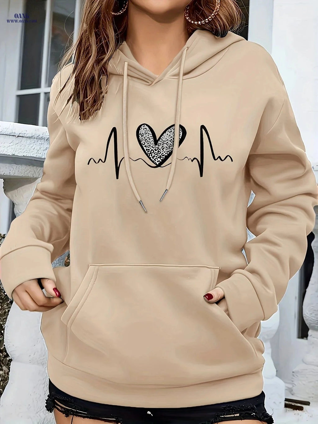 OAXG Women's Heart Pattern Hooded Sweatshirt - Regular Fit for Fall/Winter   OAXG Sea Blue / S