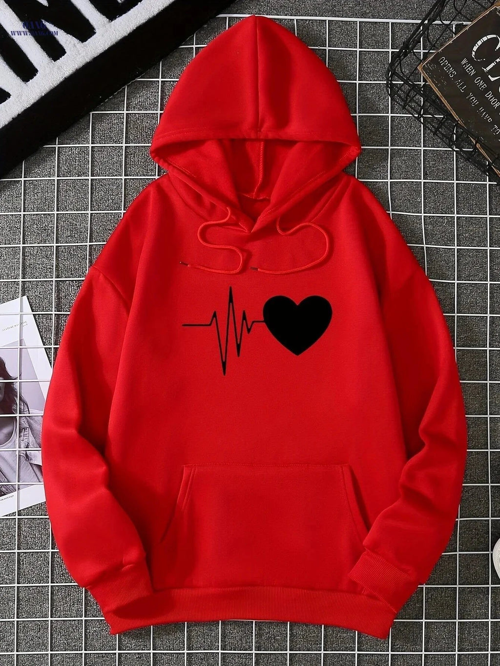 OAXG Women's Heart-Patterned Hooded Sweatshirt - Casual Fashion   OAXG Khaki / XS