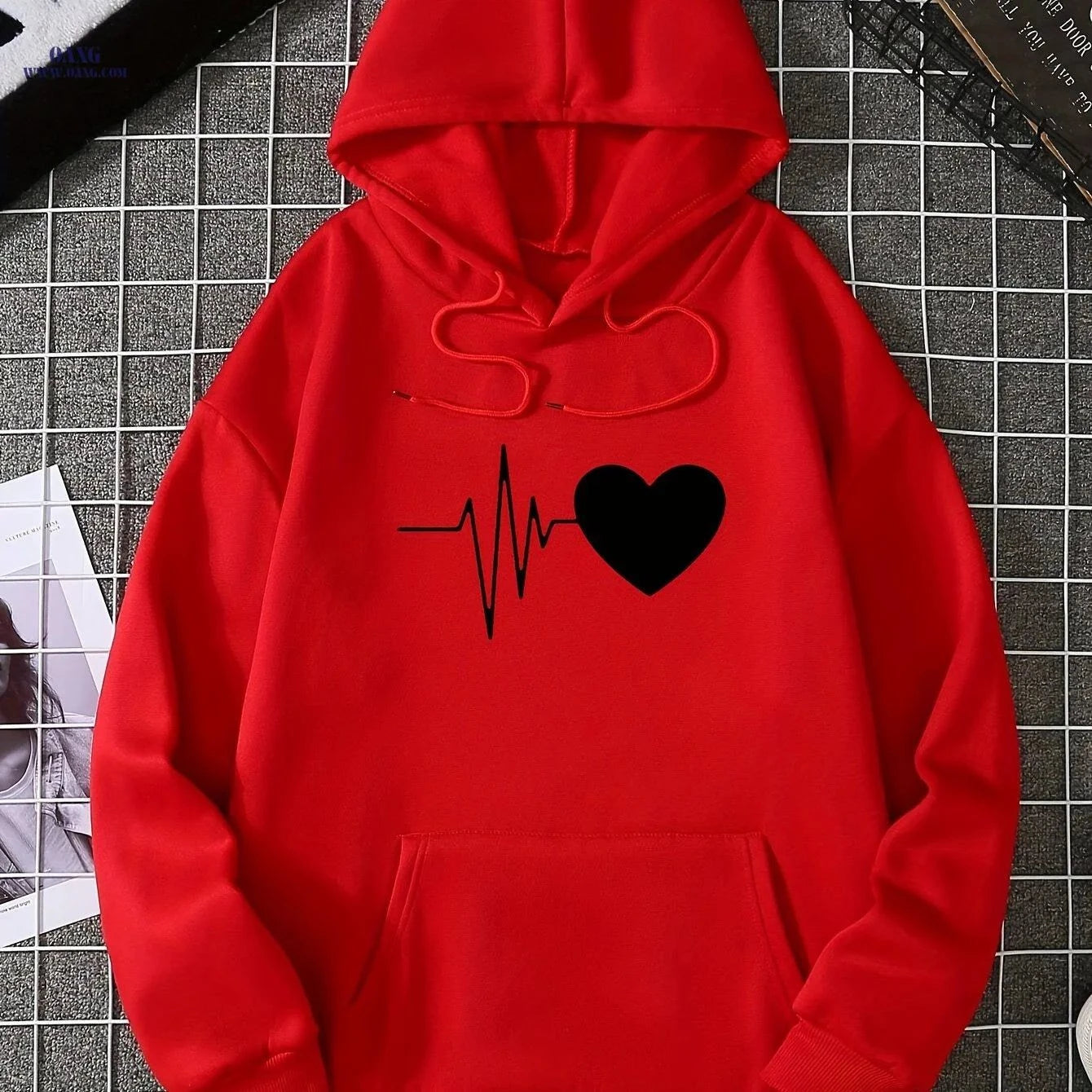 OAXG Women's Heart-Patterned Hooded Sweatshirt - Casual Fashion   OAXG Khaki / XS