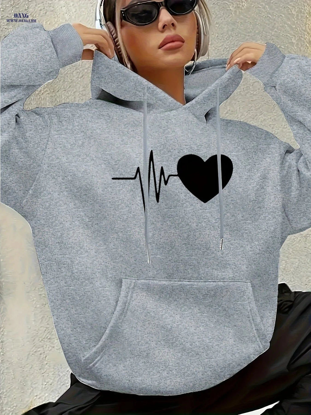 OAXG Women's Heart-Patterned Hooded Sweatshirt - Casual Fashion   OAXG Khaki / XS