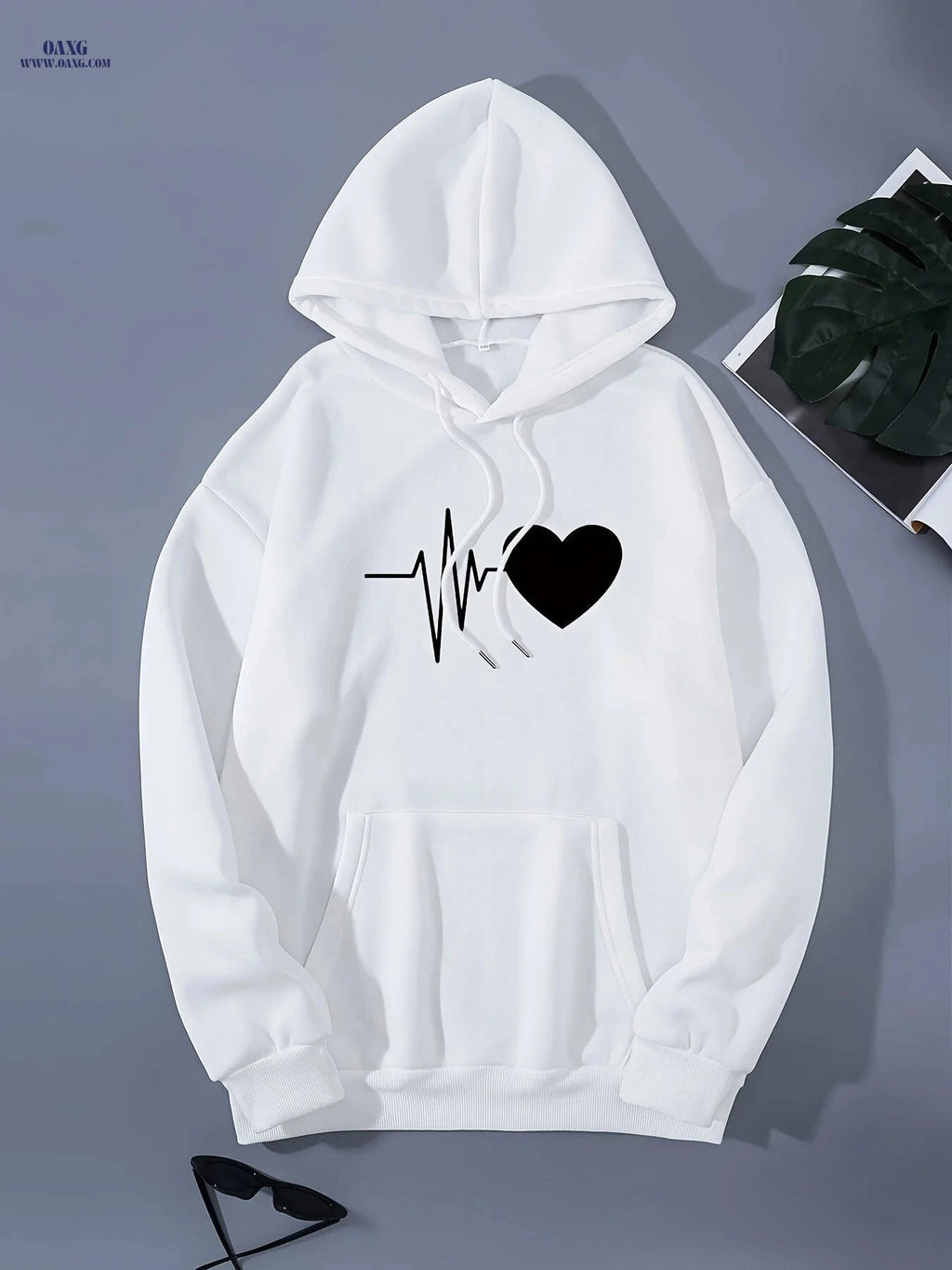 OAXG Women's Heart-Patterned Hooded Sweatshirt - Casual Fashion   OAXG Khaki / XS