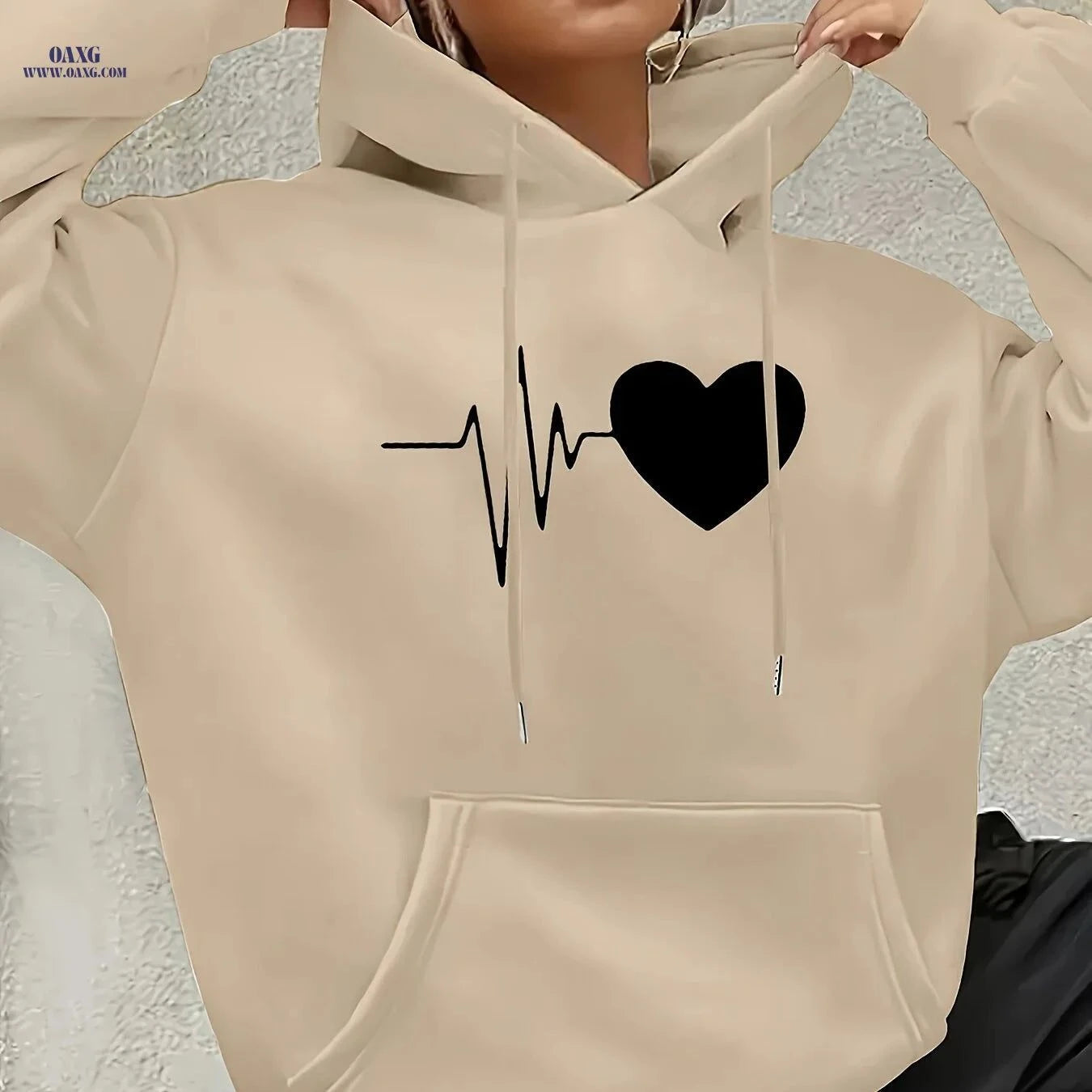 OAXG Women's Heart-Patterned Hooded Sweatshirt - Casual Fashion   OAXG Khaki / XS