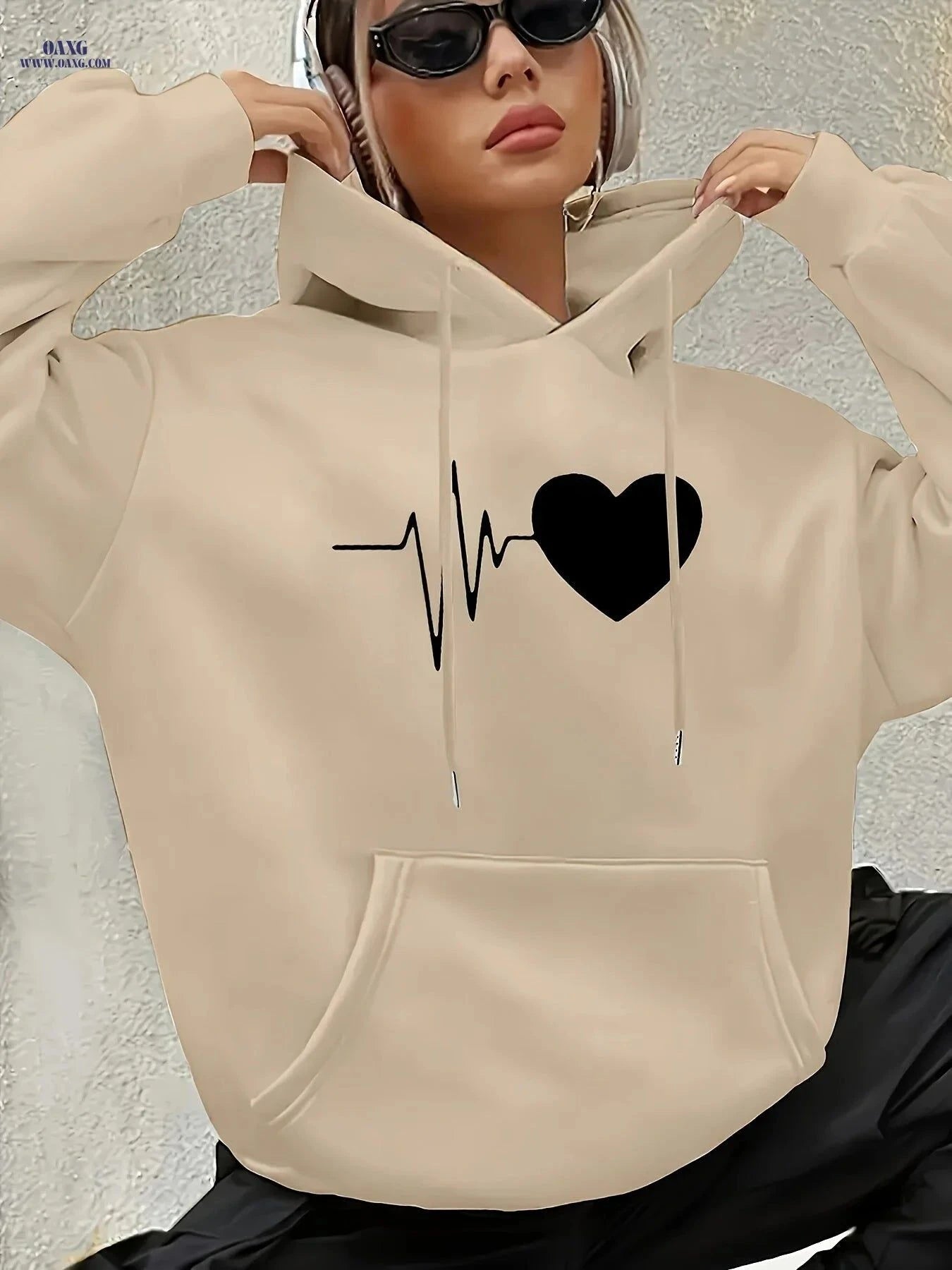 OAXG Women's Heart-Patterned Hooded Sweatshirt - Casual Fashion   OAXG Khaki / XS