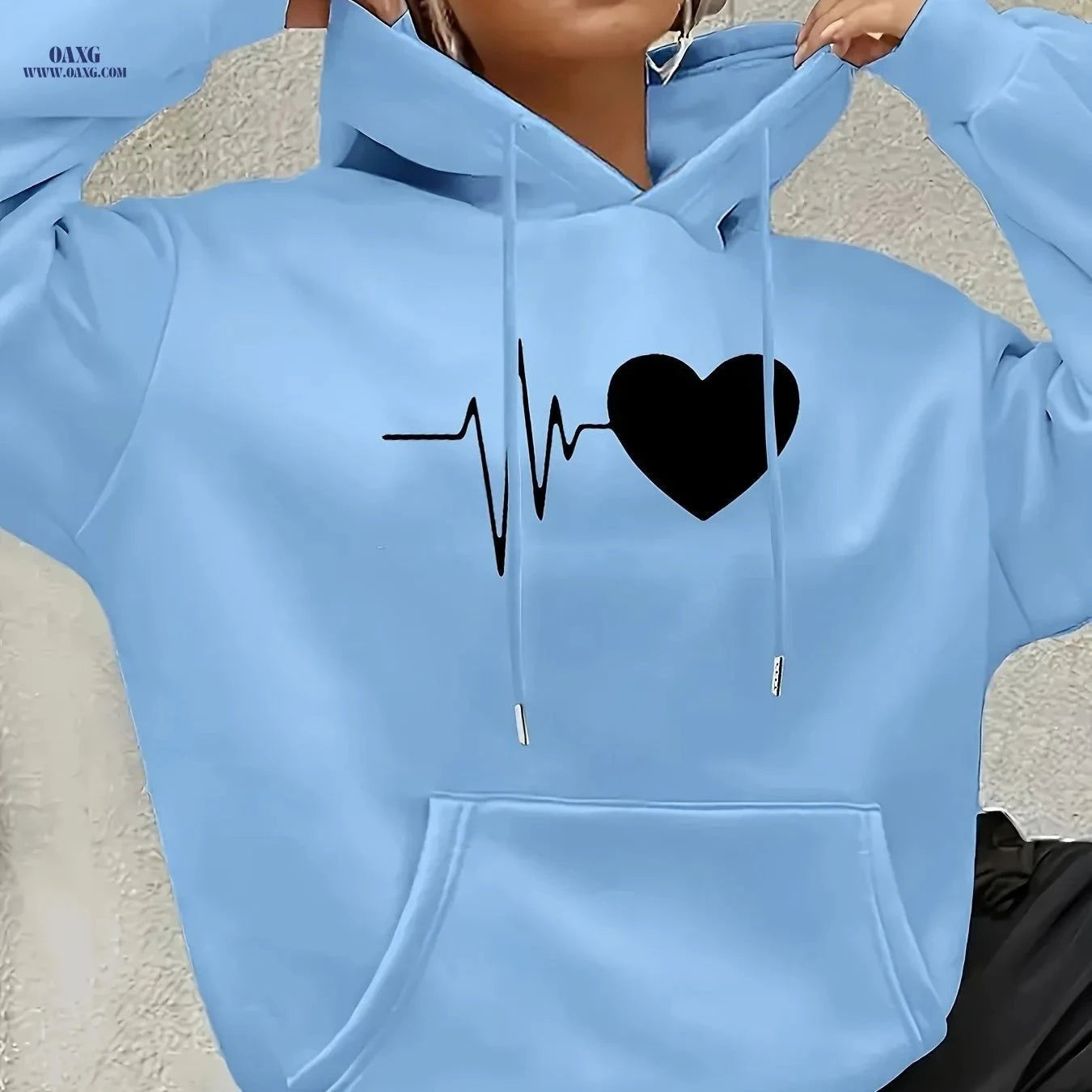 OAXG Women's Heart-Patterned Hooded Sweatshirt - Casual Fashion   OAXG Khaki / XS
