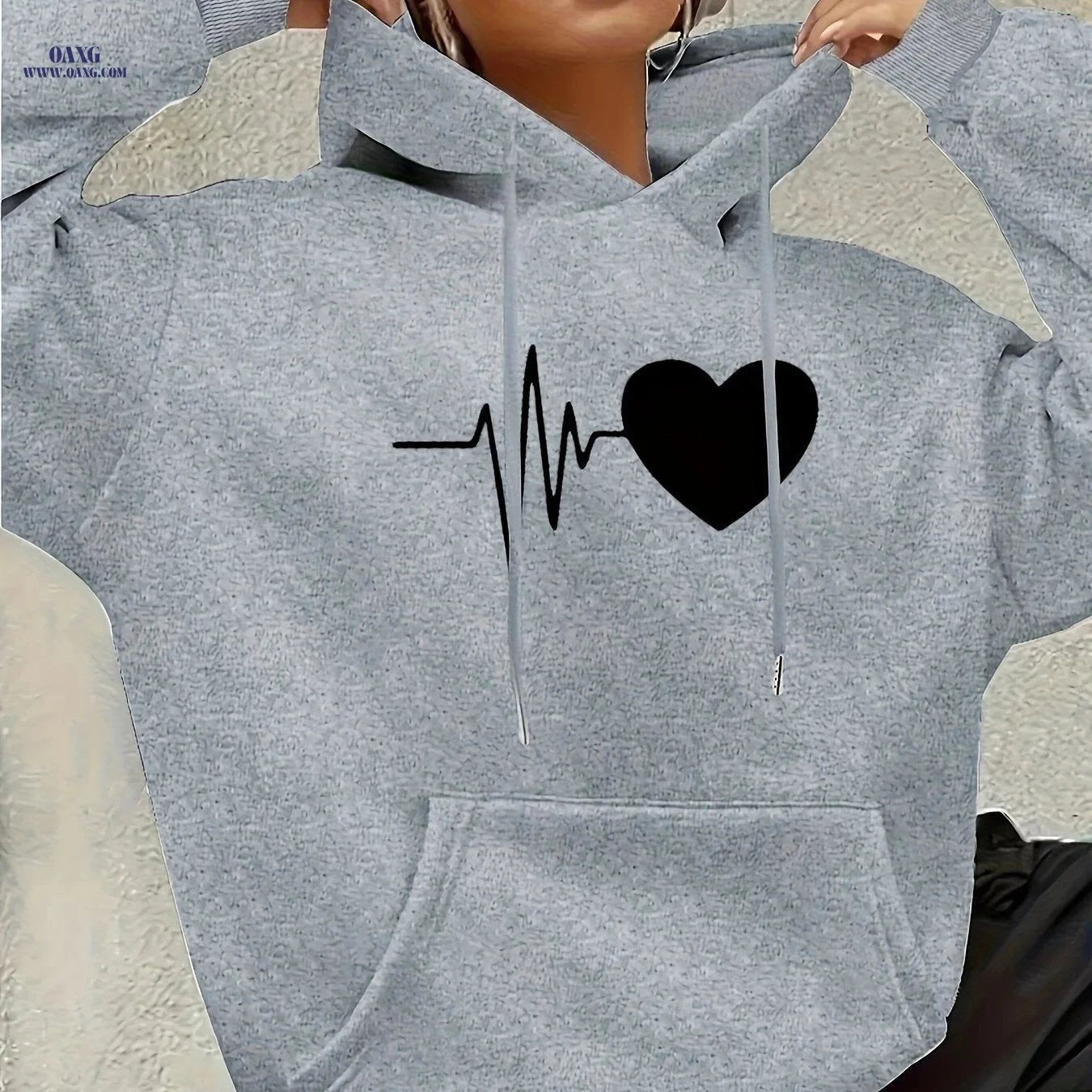 OAXG Women's Heart-Patterned Hooded Sweatshirt - Casual Fashion   OAXG Khaki / XS