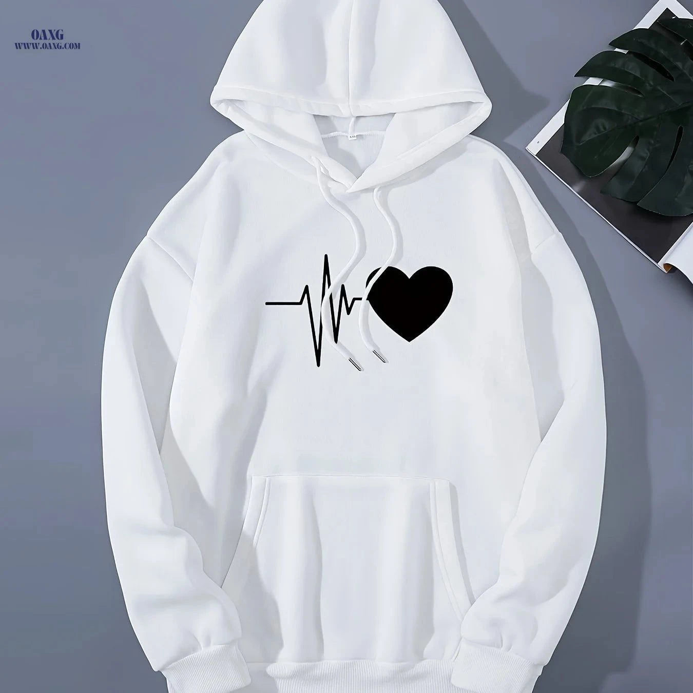 OAXG Women's Heart-Patterned Hooded Sweatshirt - Casual Fashion   OAXG Khaki / XS
