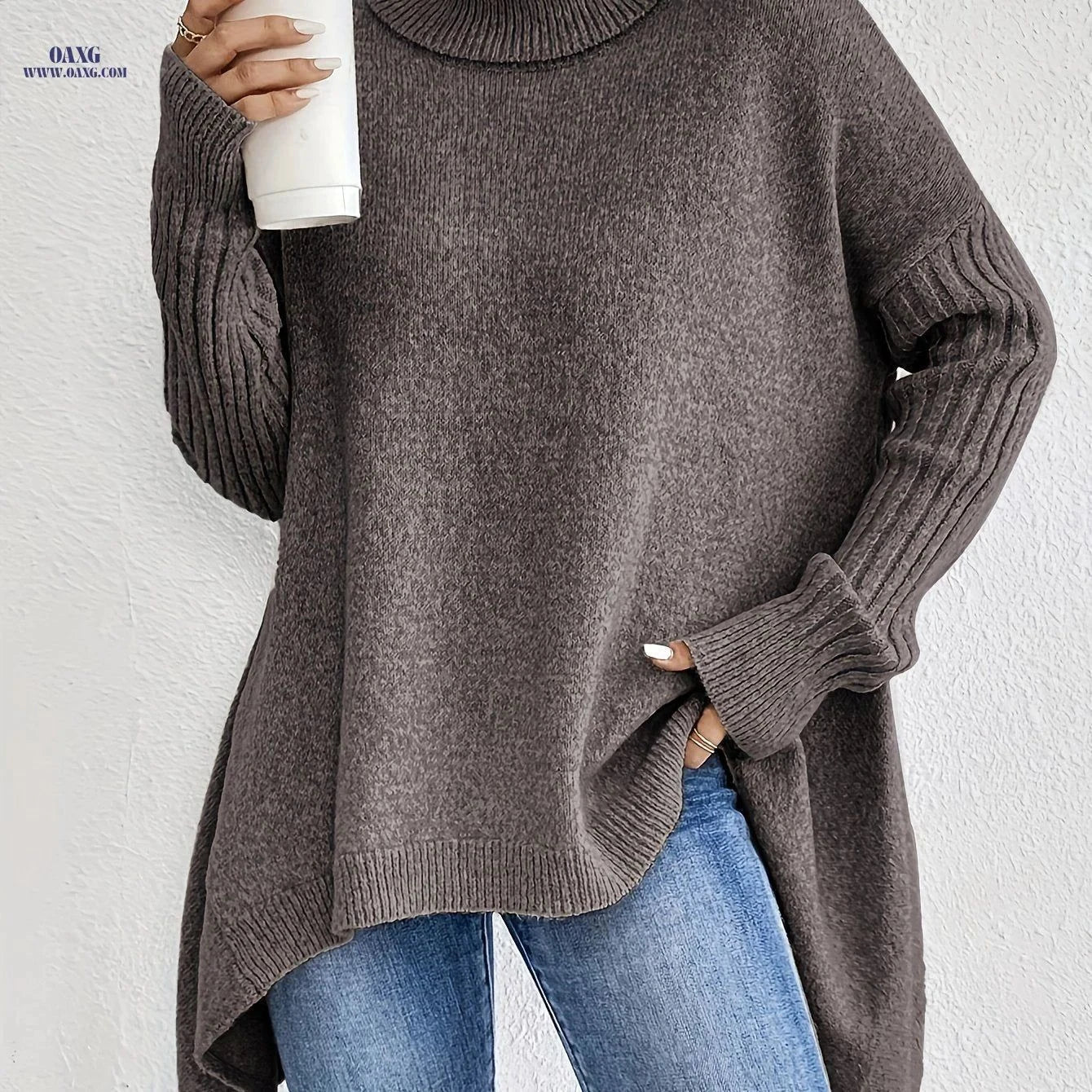 OAXG Women's High Neck Pullover - Elegant Long Sleeve Casual Top   OAXG Khaki / S