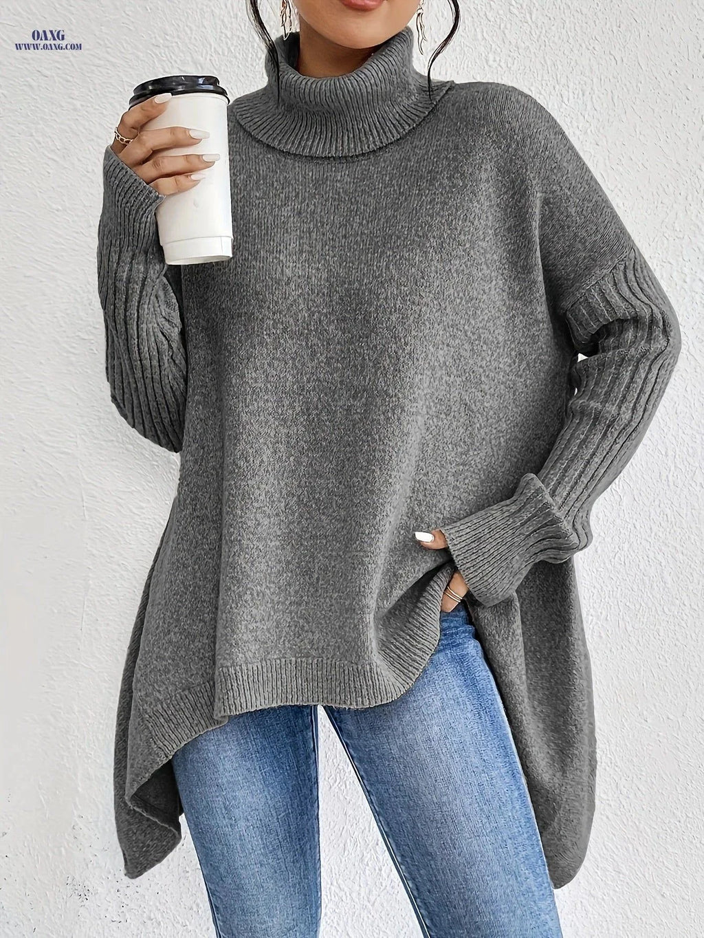 OAXG Women's High Neck Pullover - Elegant Long Sleeve Casual Top   OAXG Khaki / S