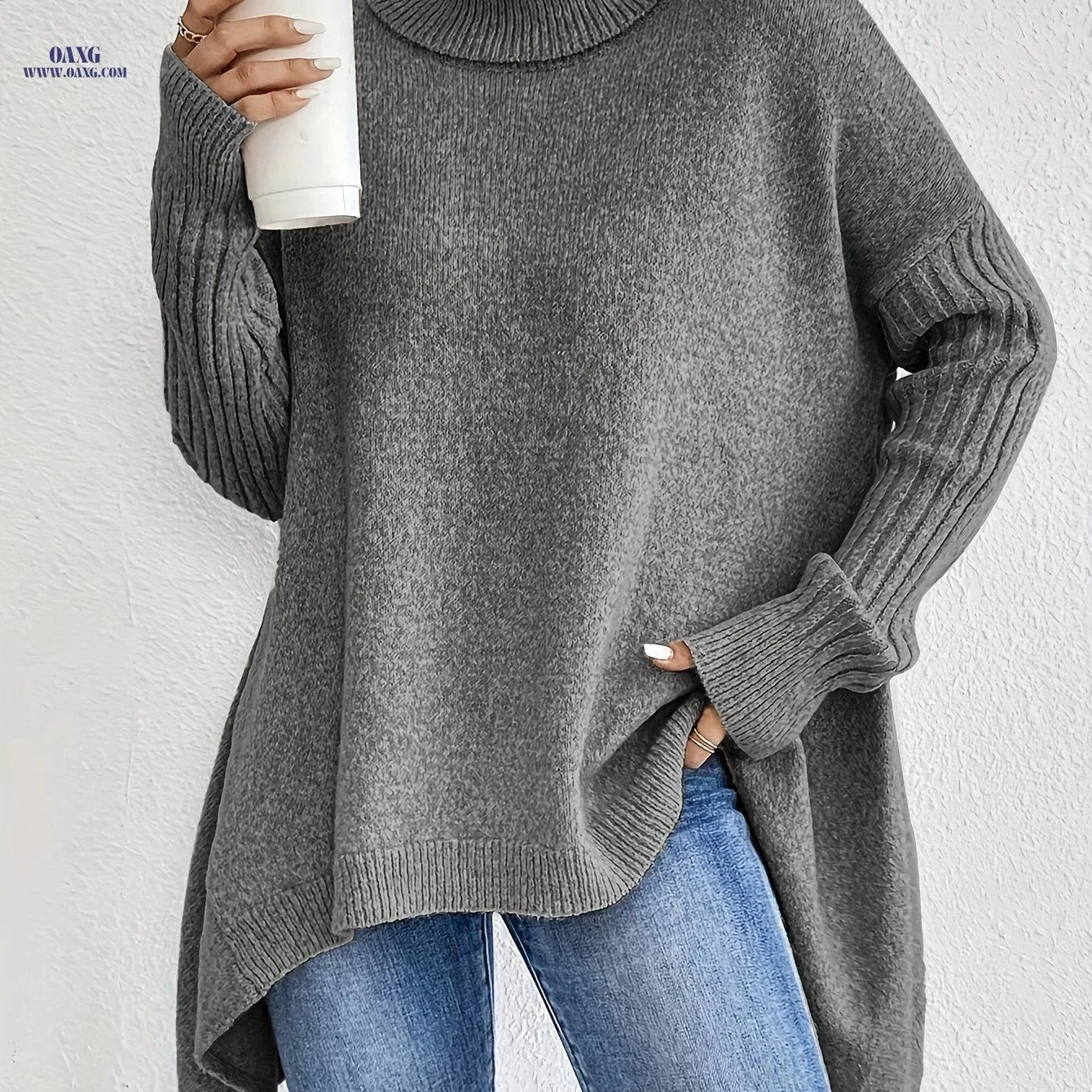 OAXG Women's High Neck Pullover - Elegant Long Sleeve Casual Top   OAXG Khaki / S