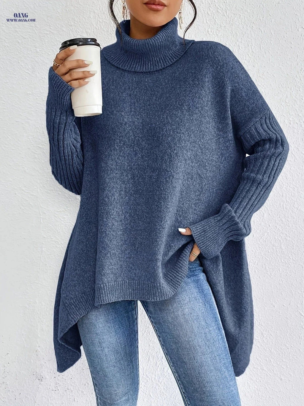 OAXG Women's High Neck Pullover - Elegant Long Sleeve Casual Top   OAXG Khaki / S