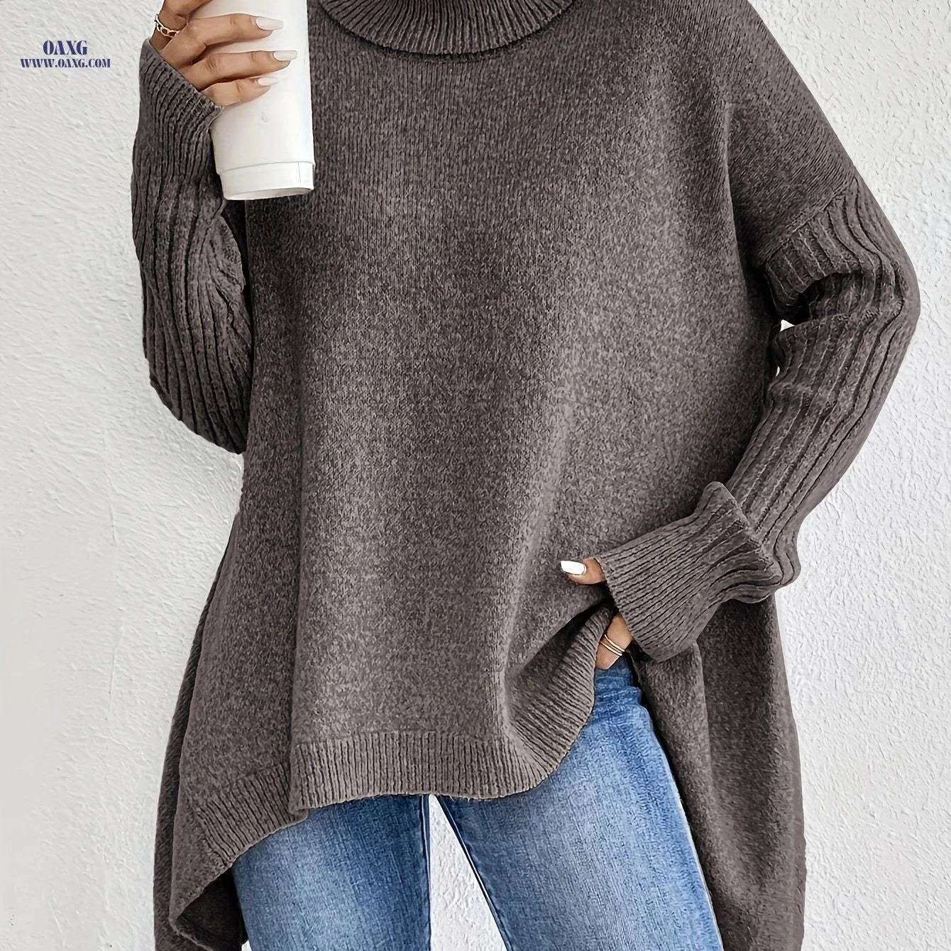 OAXG Women's High Neck Pullover - Elegant Long Sleeve Casual Top   OAXG Khaki / S