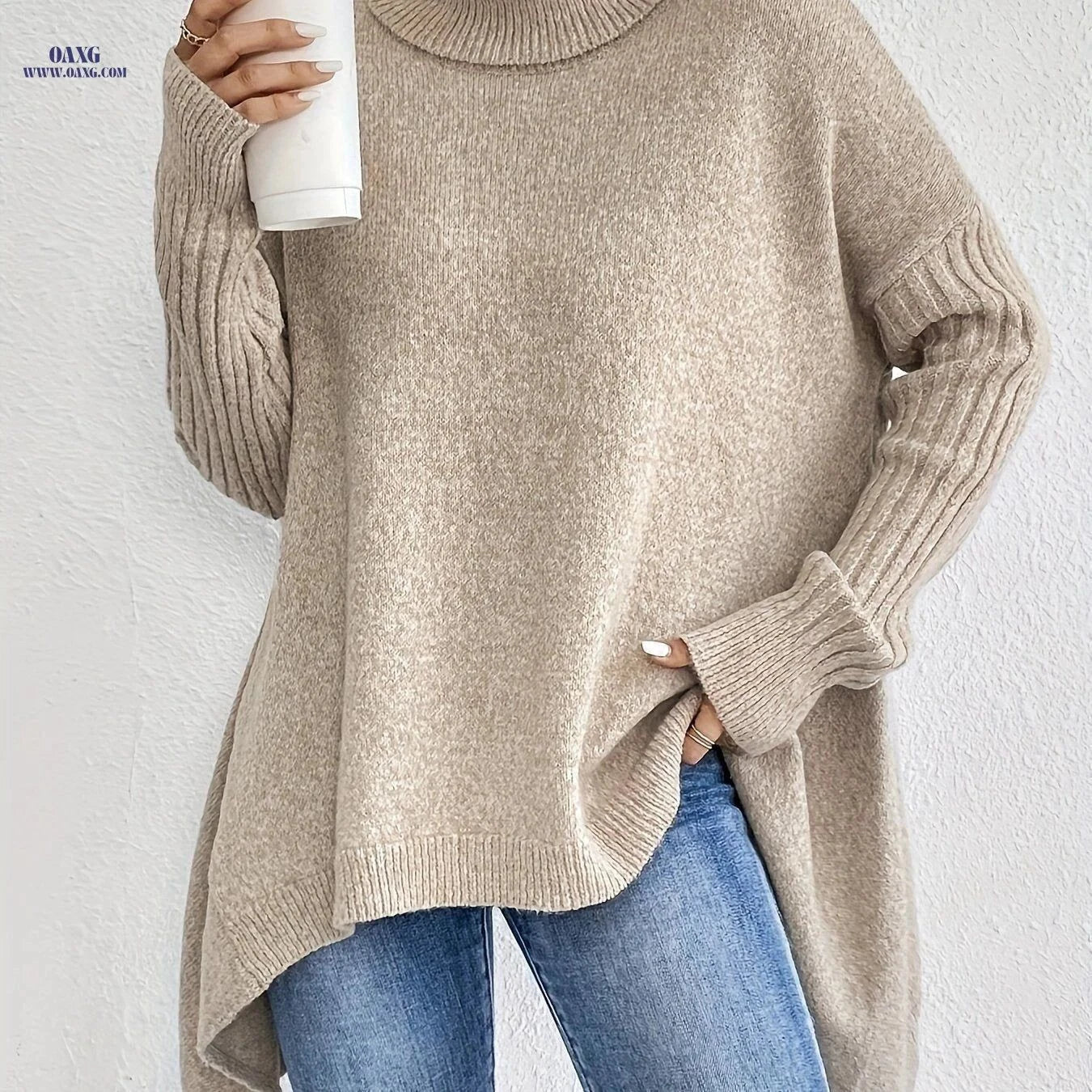 OAXG Women's High Neck Pullover - Elegant Long Sleeve Casual Top   OAXG Khaki / S