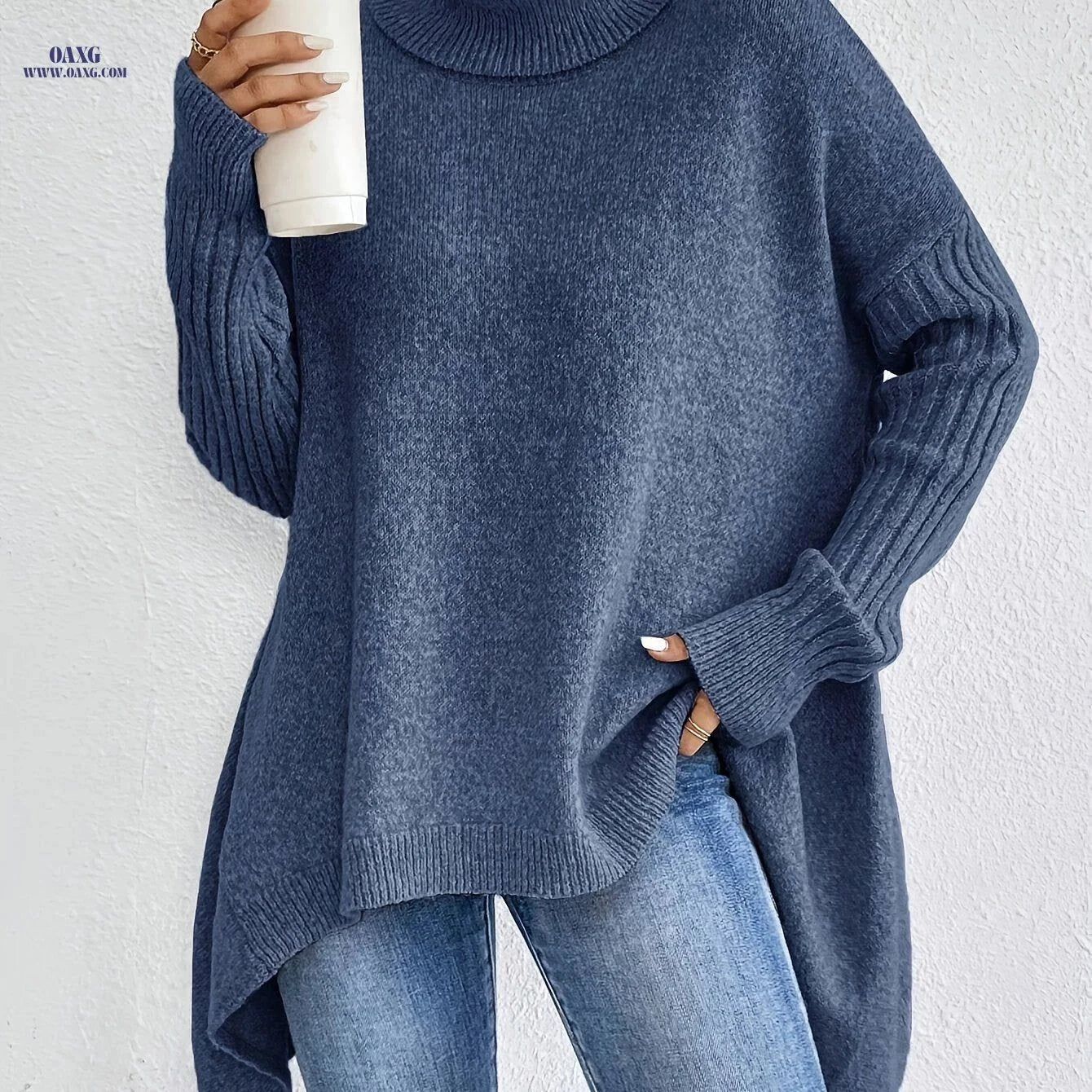 OAXG Women's High Neck Pullover - Elegant Long Sleeve Casual Top   OAXG Khaki / S