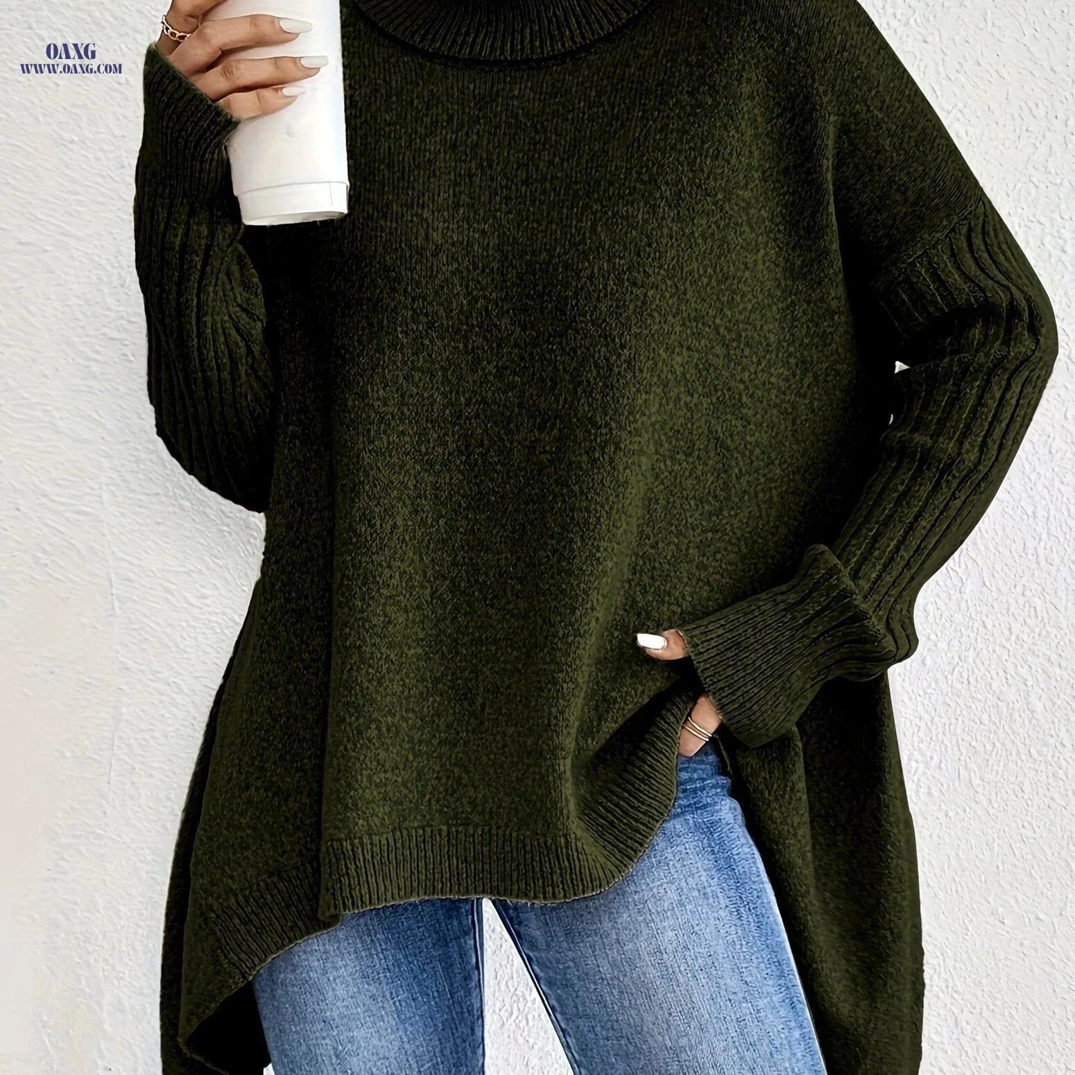 OAXG Women's High Neck Pullover - Elegant Long Sleeve Casual Top   OAXG Khaki / S