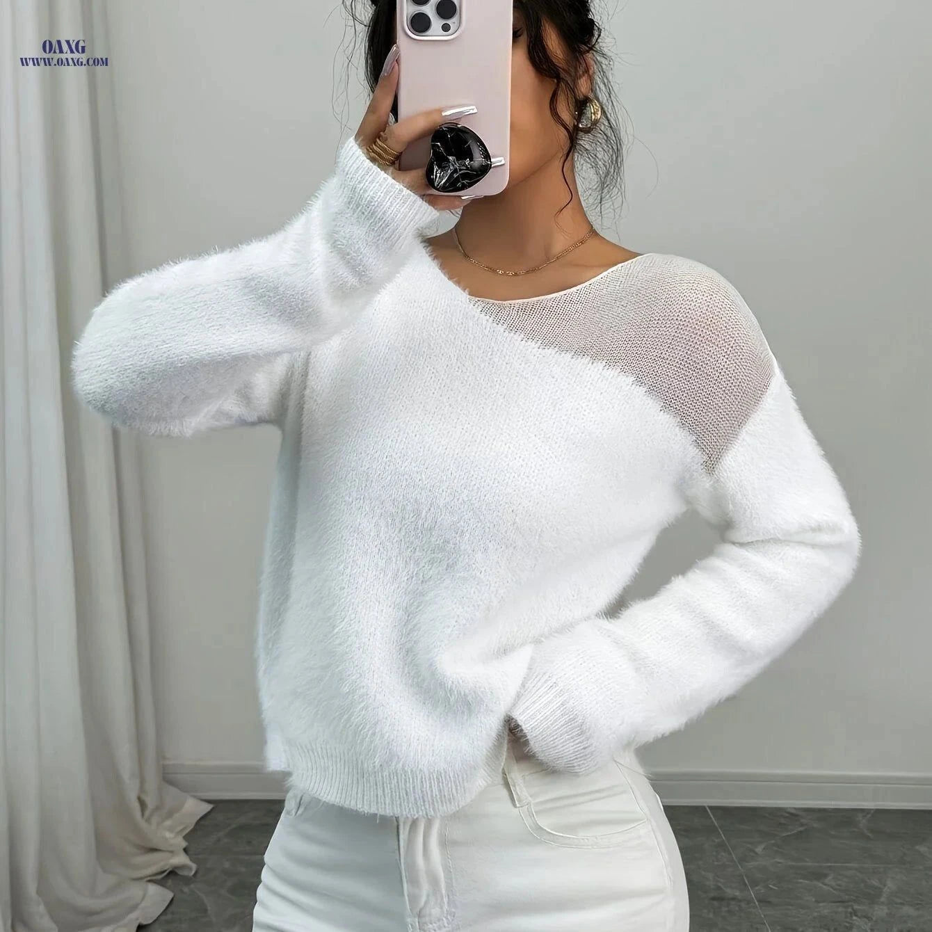OAXG Women's Hollow Out Sweater - Thickened Fall Winter Top   OAXG White / S