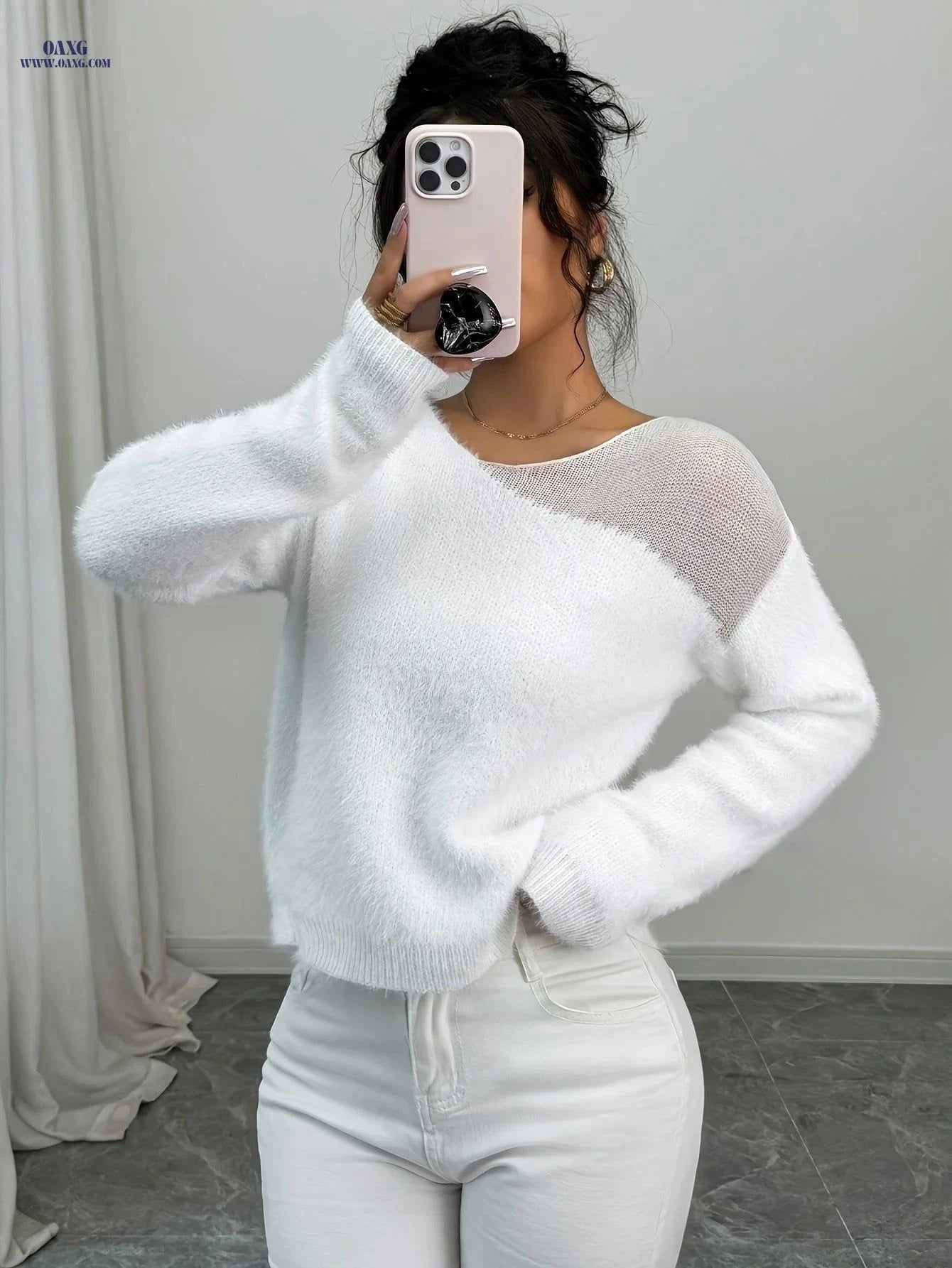 OAXG Women's Hollow Out Sweater - Thickened Fall Winter Top   OAXG White / S