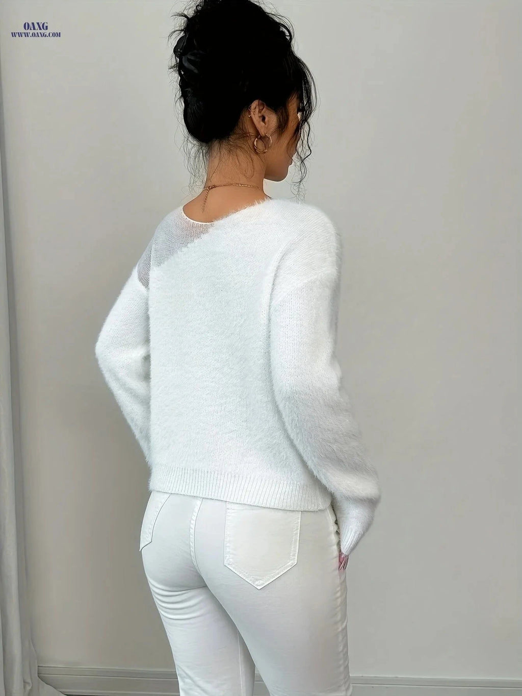 OAXG Women's Hollow Out Sweater - Thickened Fall Winter Top   OAXG White / S