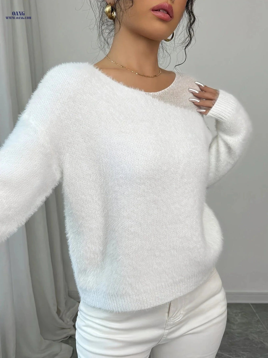 OAXG Women's Hollow Out Sweater - Thickened Fall Winter Top   OAXG White / S