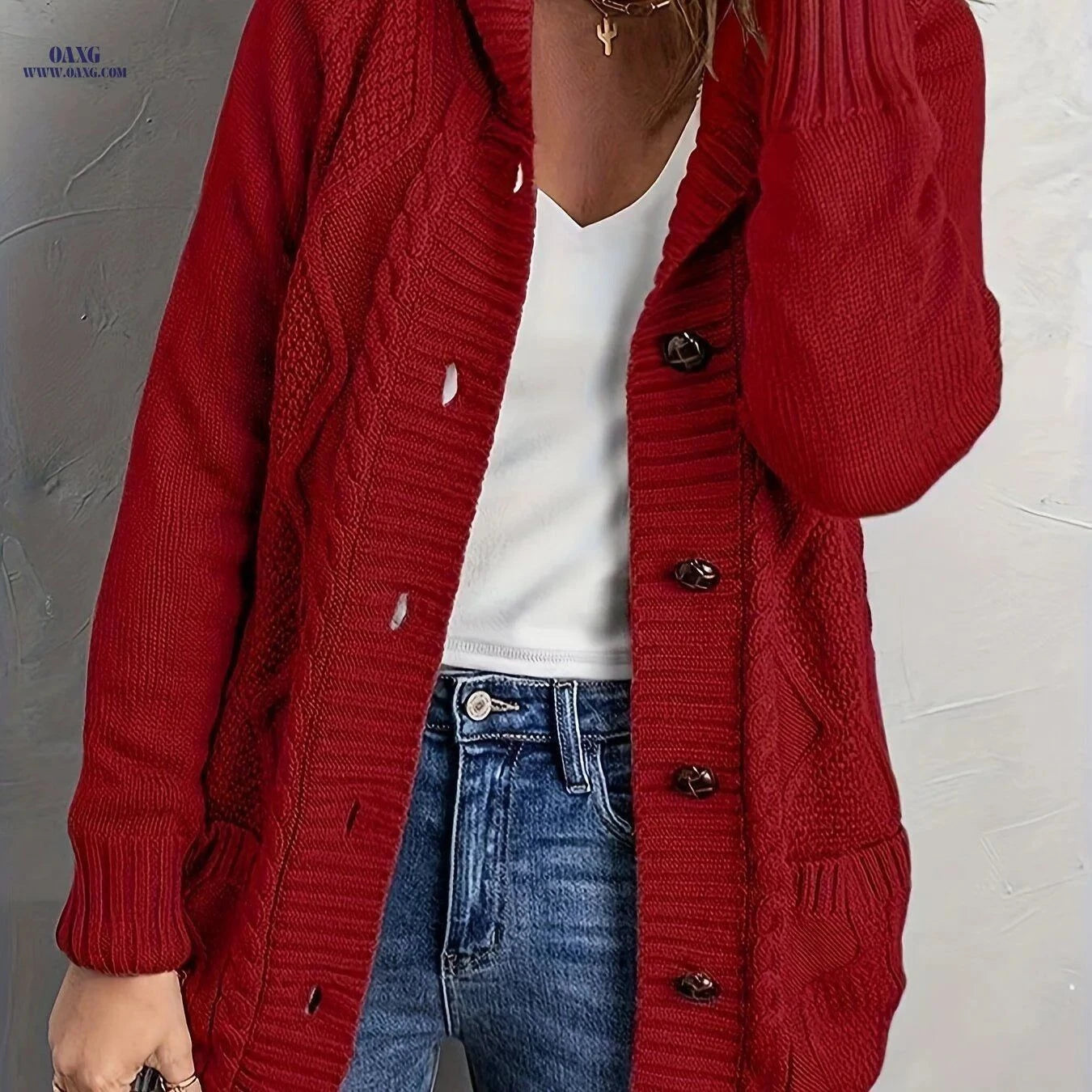 OAXG Women's Hooded Button Sweater - Solid Color, Long Sleeve Style   OAXG Light Grey / S