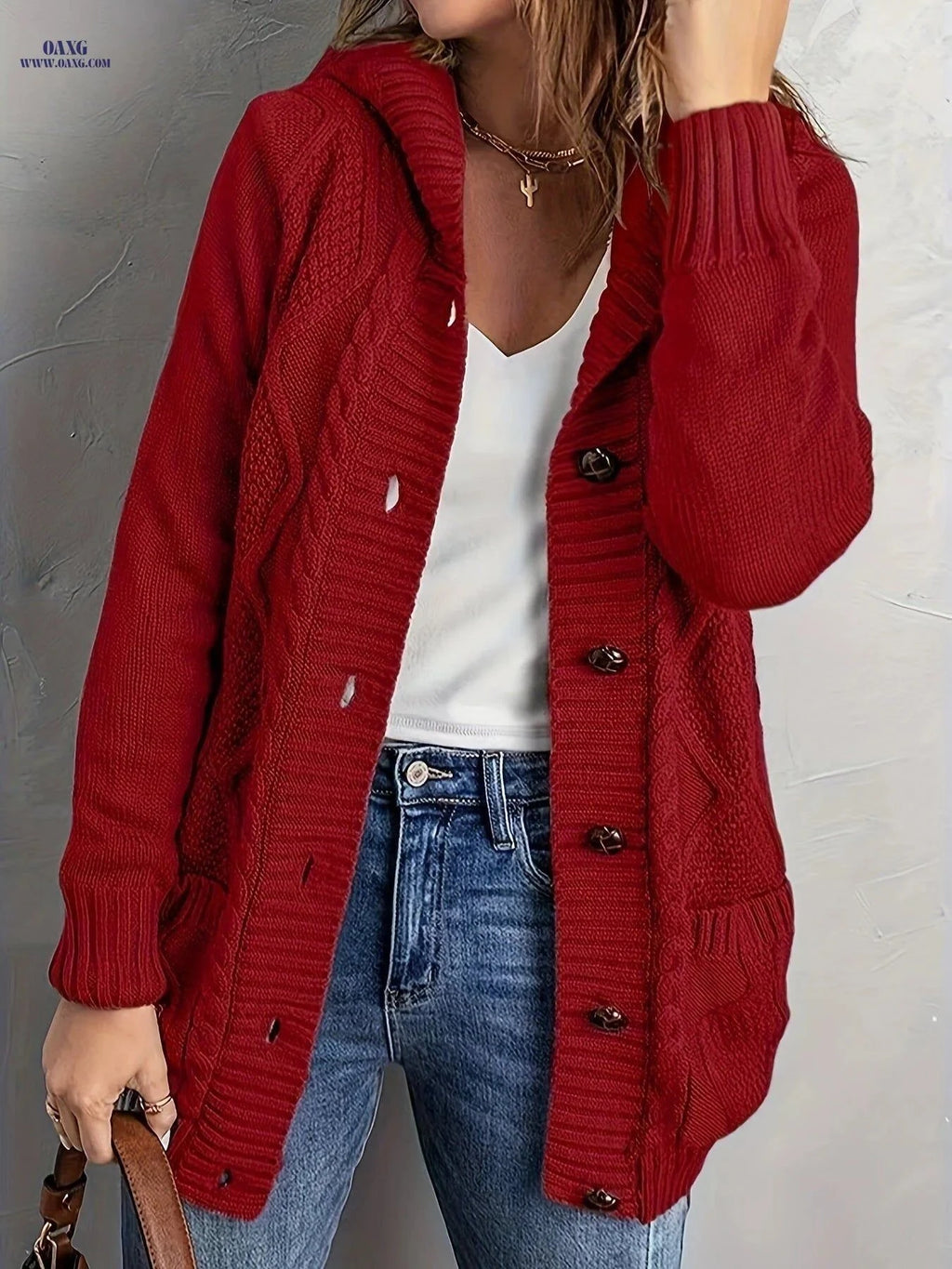OAXG Women's Hooded Button Sweater - Solid Color, Long Sleeve Style   OAXG Light Grey / S