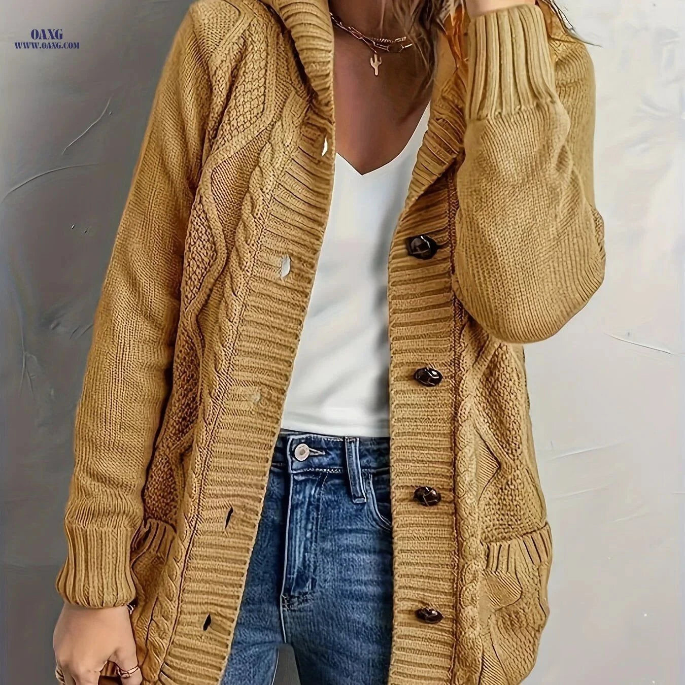 OAXG Women's Hooded Button Sweater - Solid Color, Long Sleeve Style   OAXG Light Grey / S
