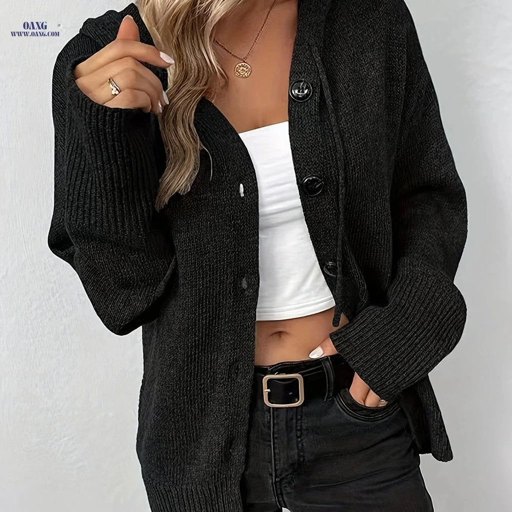 OAXG Women's Hooded Cardigan - High Elasticity & Adjustable Hem   OAXG Black / S